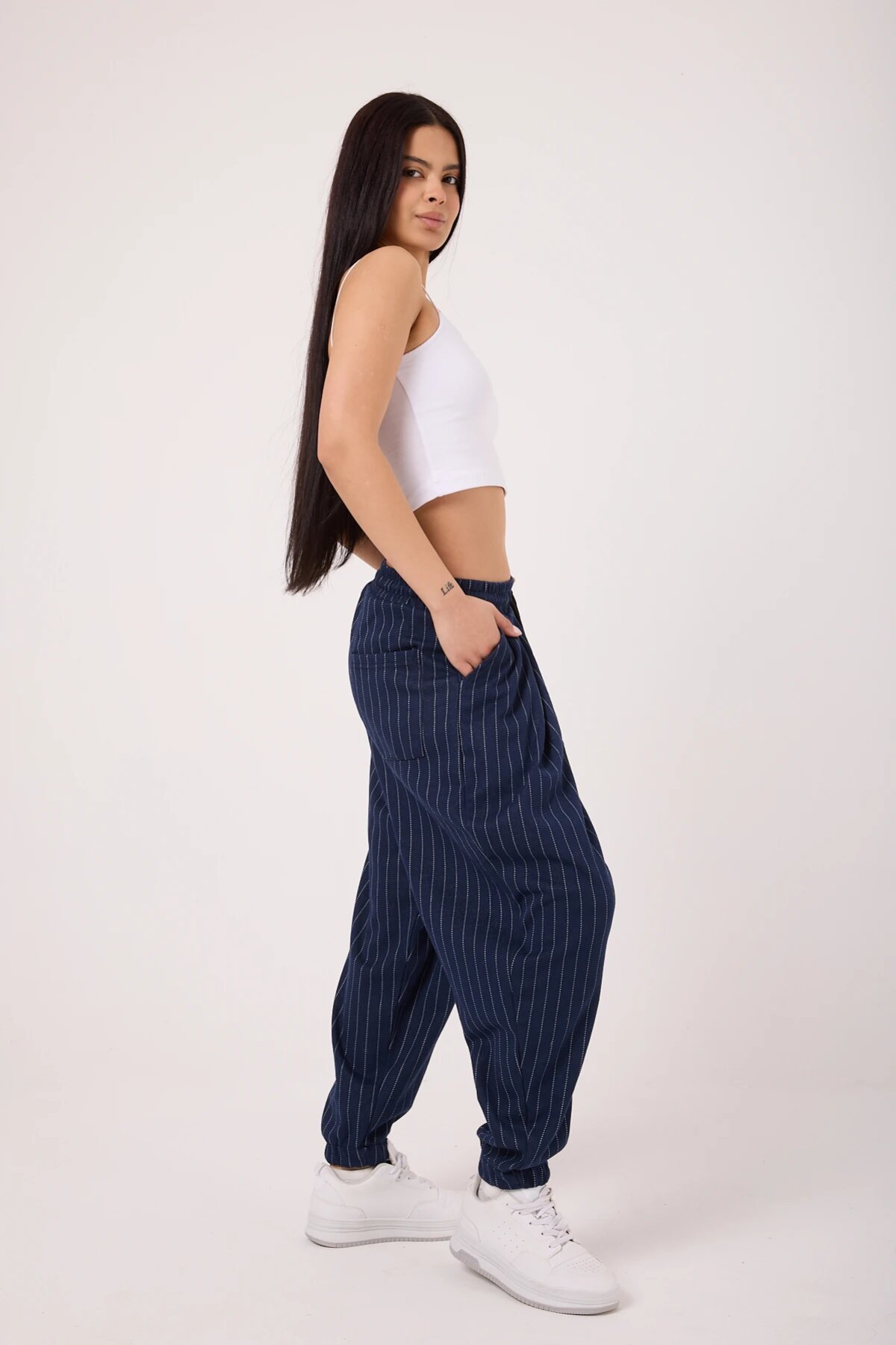 Street Style Sporty Harem Striped Pants - Navy Blue - MEXICO SUPERBLUE