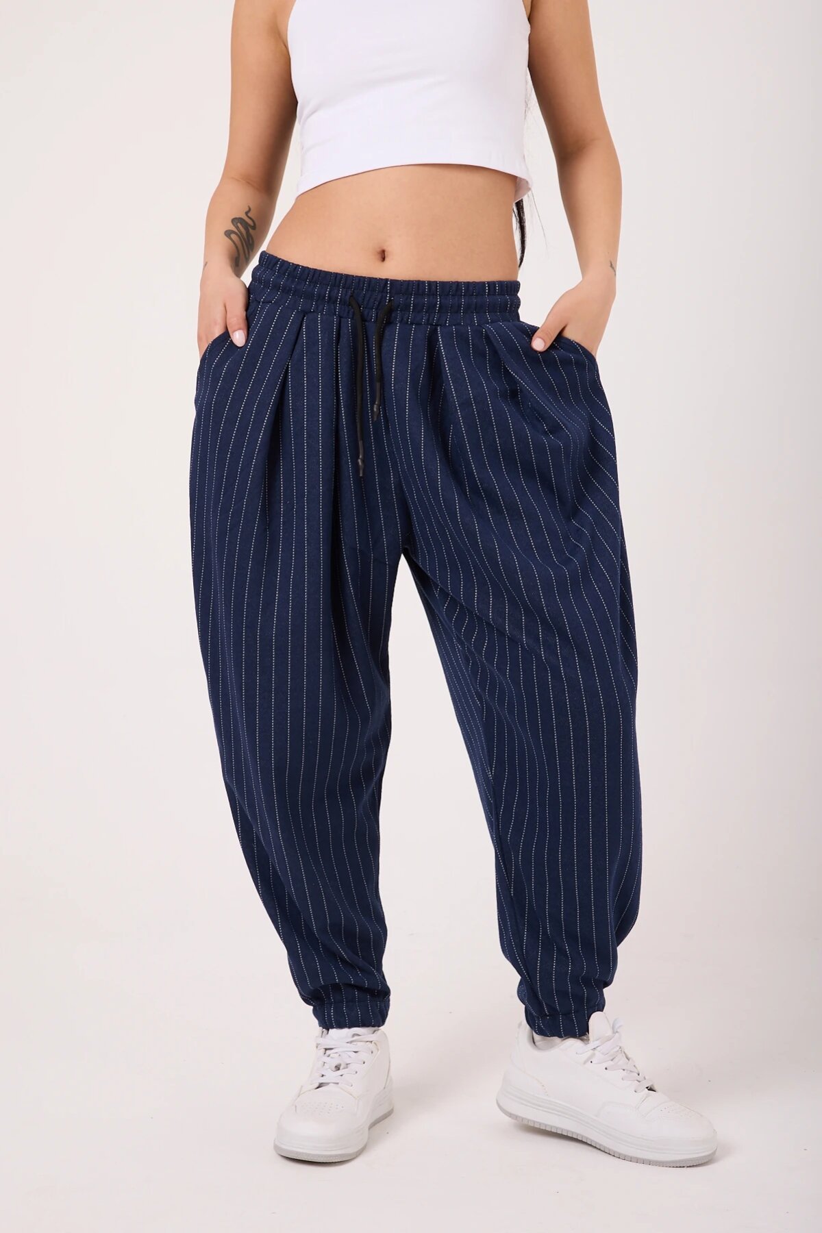Street Style Sporty Harem Striped Pants - Navy Blue - MEXICO SUPERBLUE