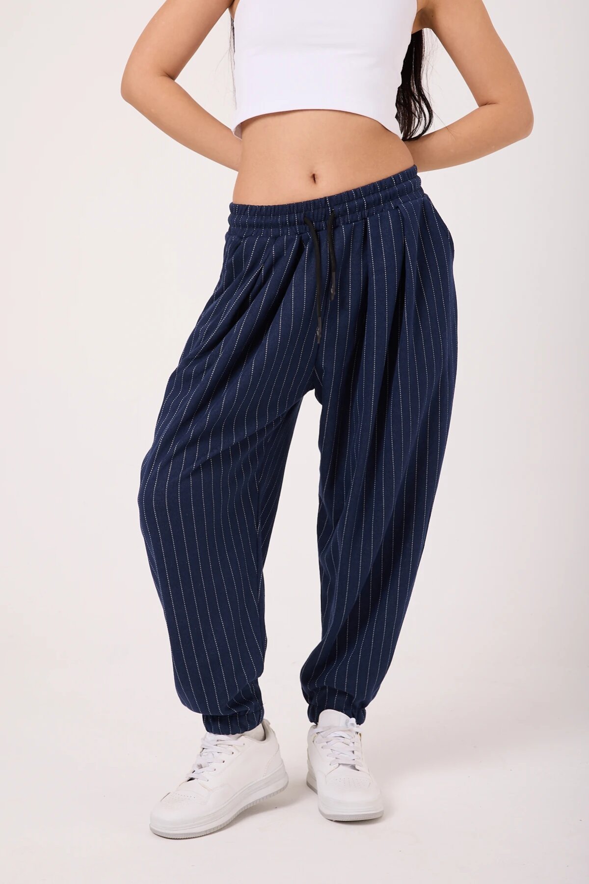 Street Style Sporty Harem Striped Pants - Navy Blue - MEXICO SUPERBLUE