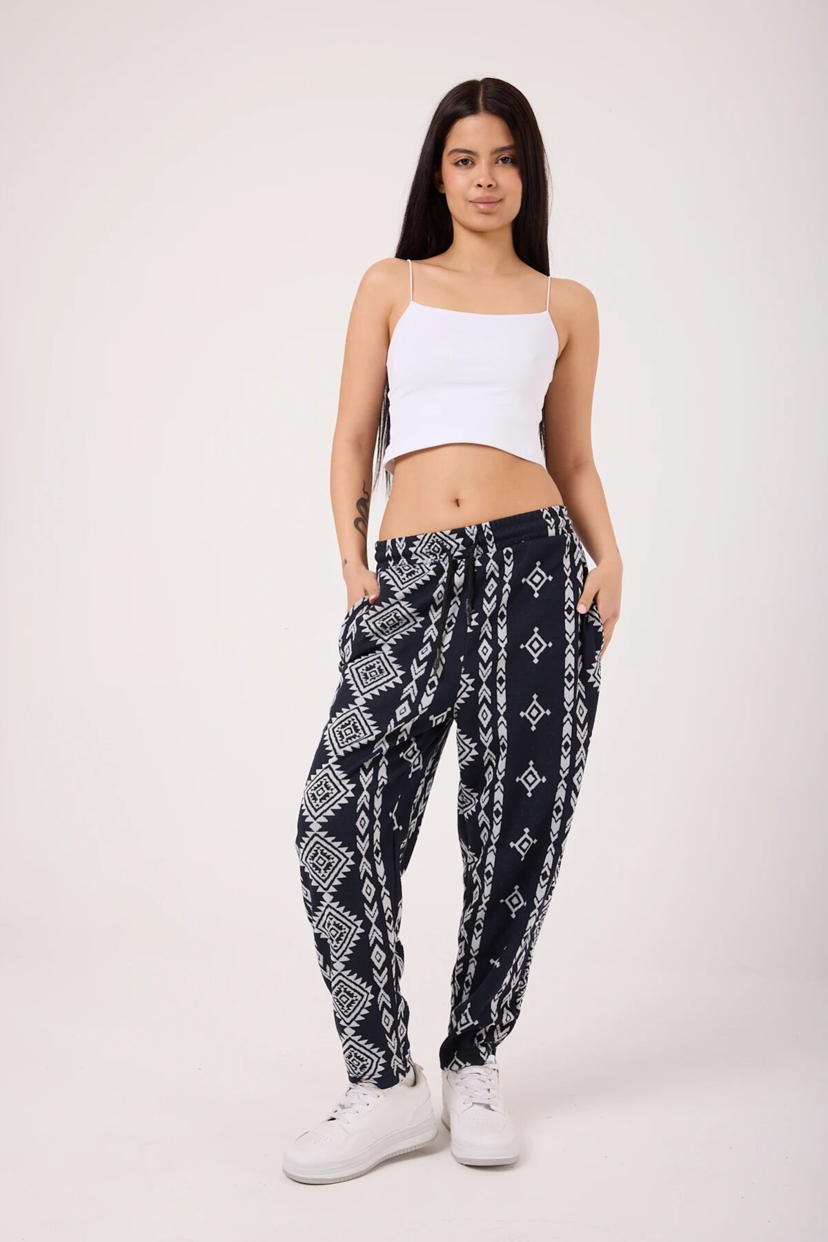 Sporty Striped Harem Pants - Navy Blue - MEXICO SUPERBLUE