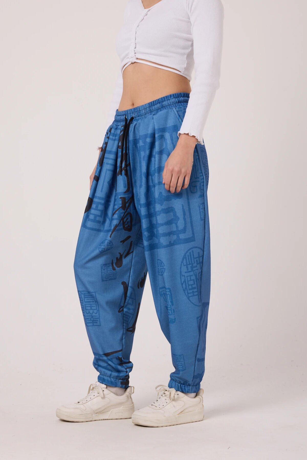 Street Style Sporty Printed Crinkle Harem Pants - Blue - MEXICO SUPERBLUE