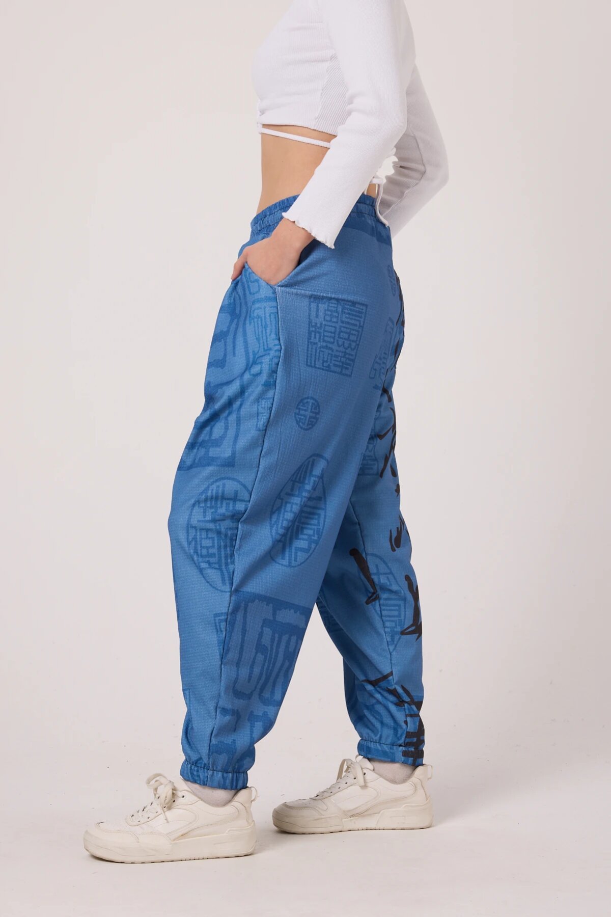 Street Style Sporty Printed Crinkle Harem Pants - Blue - MEXICO SUPERBLUE