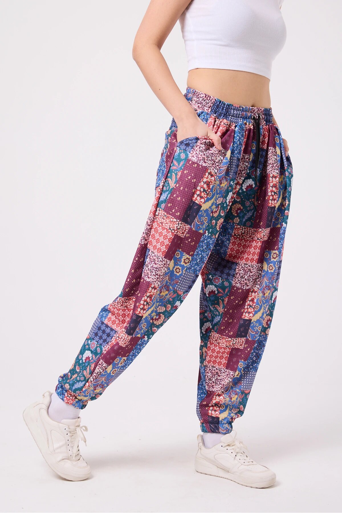 Sporty Harem Printed Crinkled Pants - Blue - MEXICO SUPERBLUE