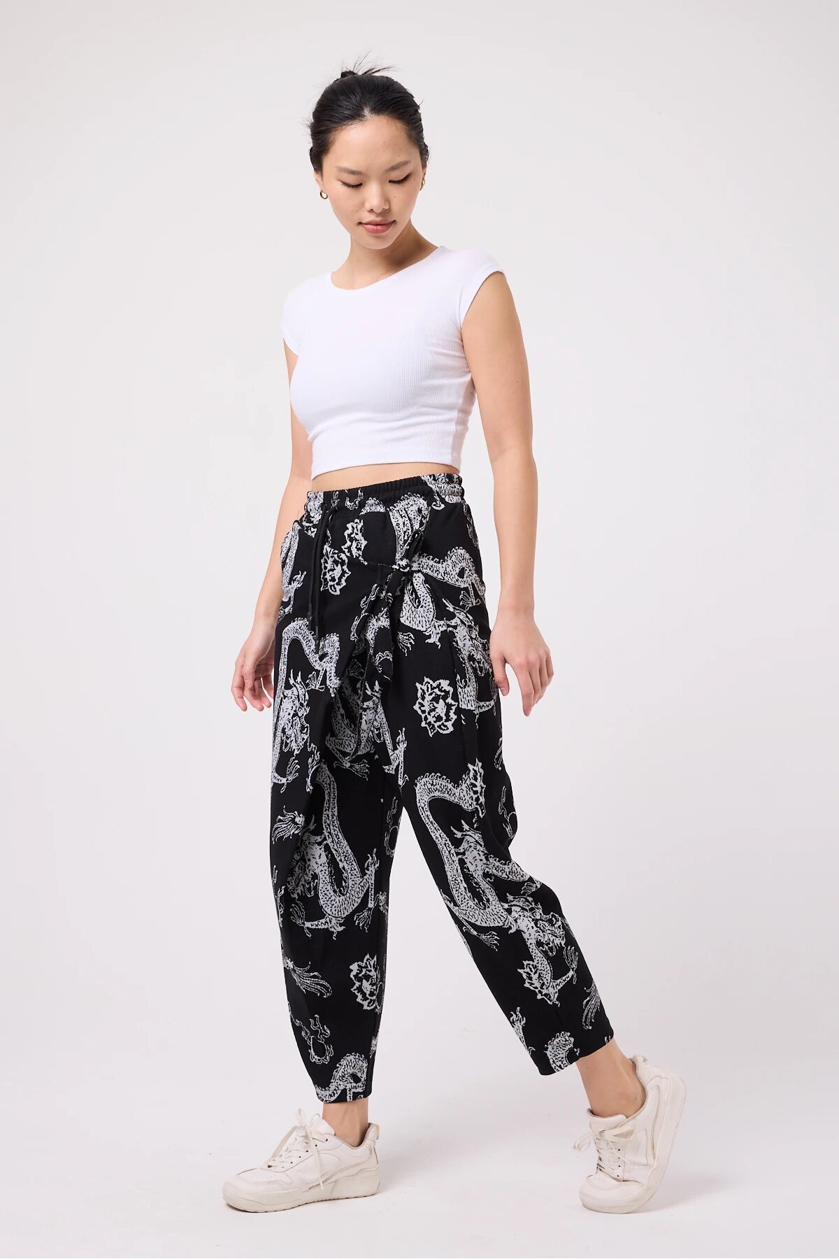 Sporty Baggy Printed Crinkle Pants - Black - MEXICO SUPERBLUE
