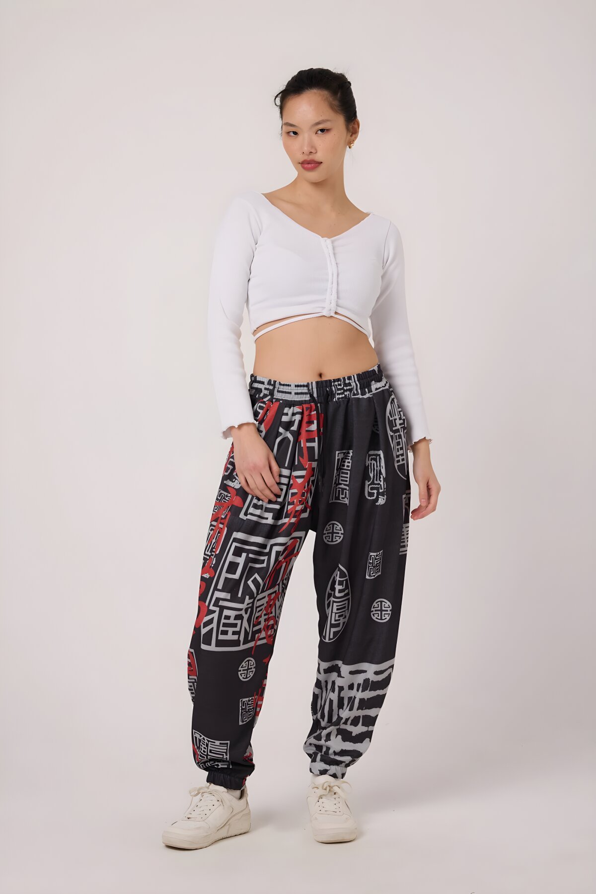 Sporty Harem Printed Crinkle Pants - Black - MEXICO SUPERBLUE