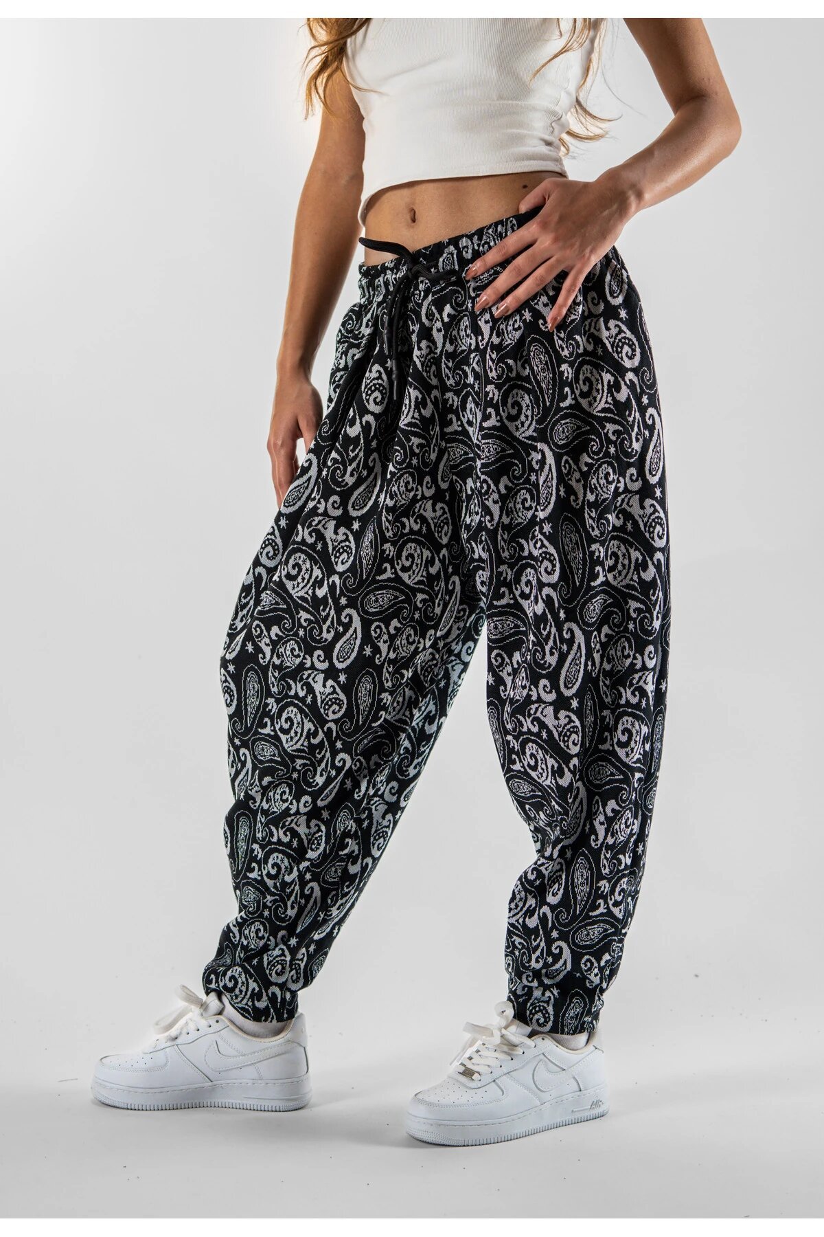 Harem Patterned Pleated Pants - Black - MEXICO SUPERBLUE