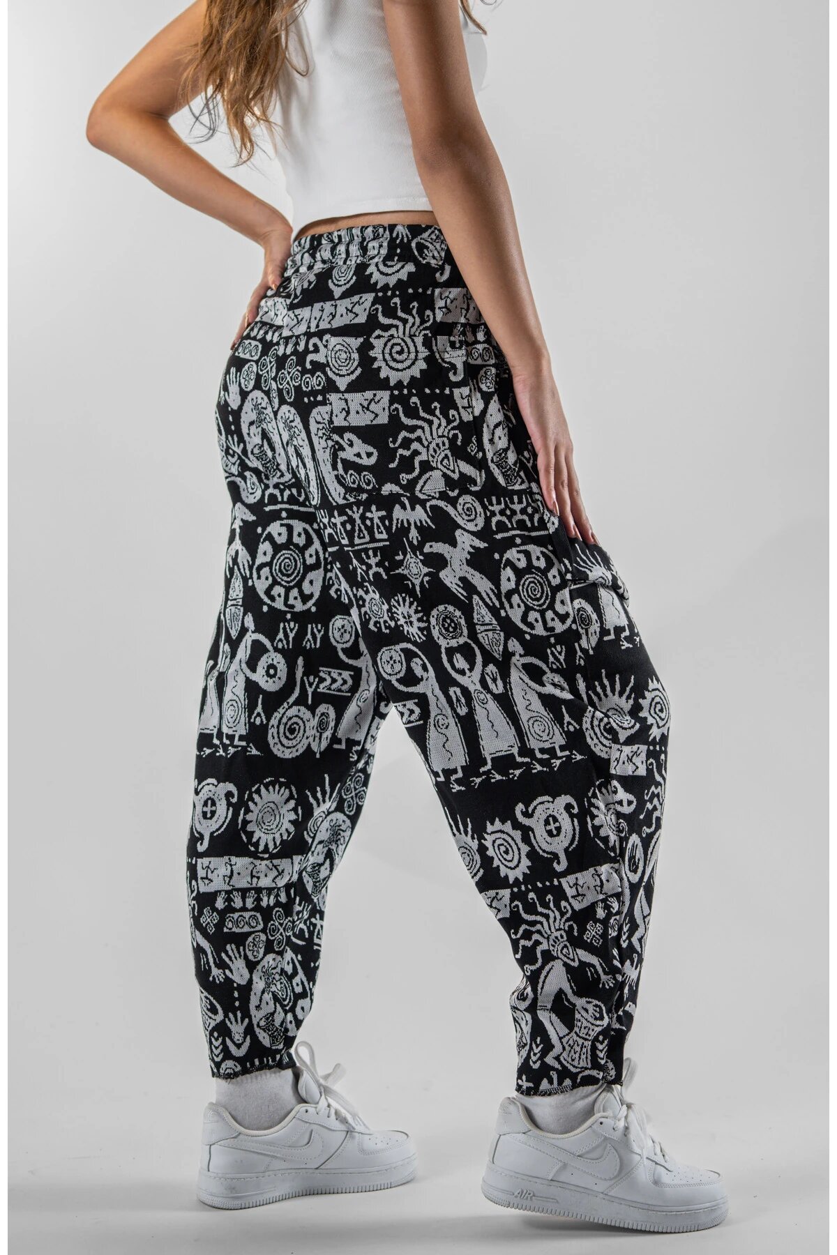 Baguette Cut Ethnic Patterned Jacquard Pants - Black - MEXICO SUPERBLUE
