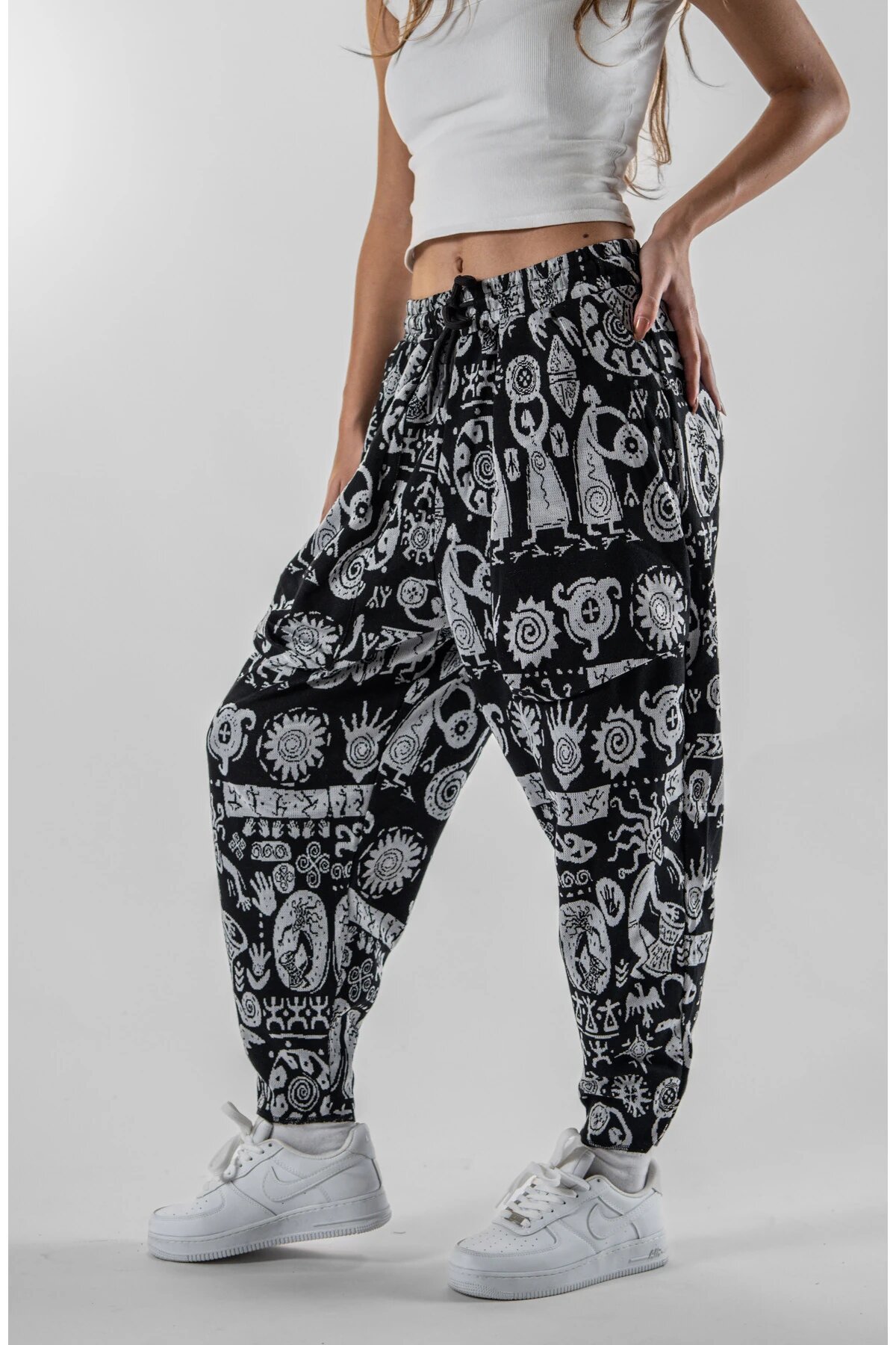 Baguette Cut Ethnic Patterned Jacquard Pants - Black - MEXICO SUPERBLUE