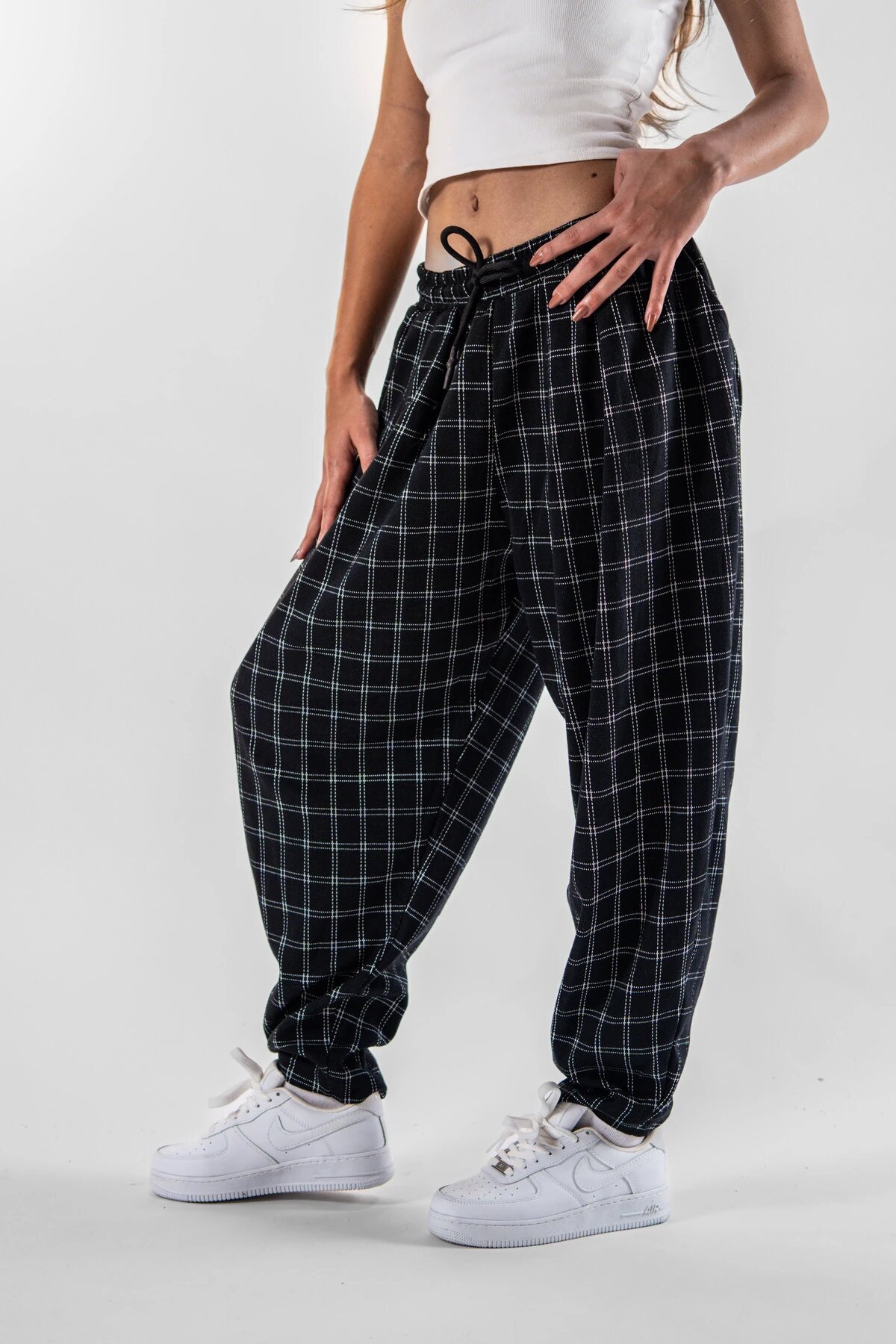 Harem Plaid Jacquard Pleated Pants - Black - MEXICO SUPERBLUE