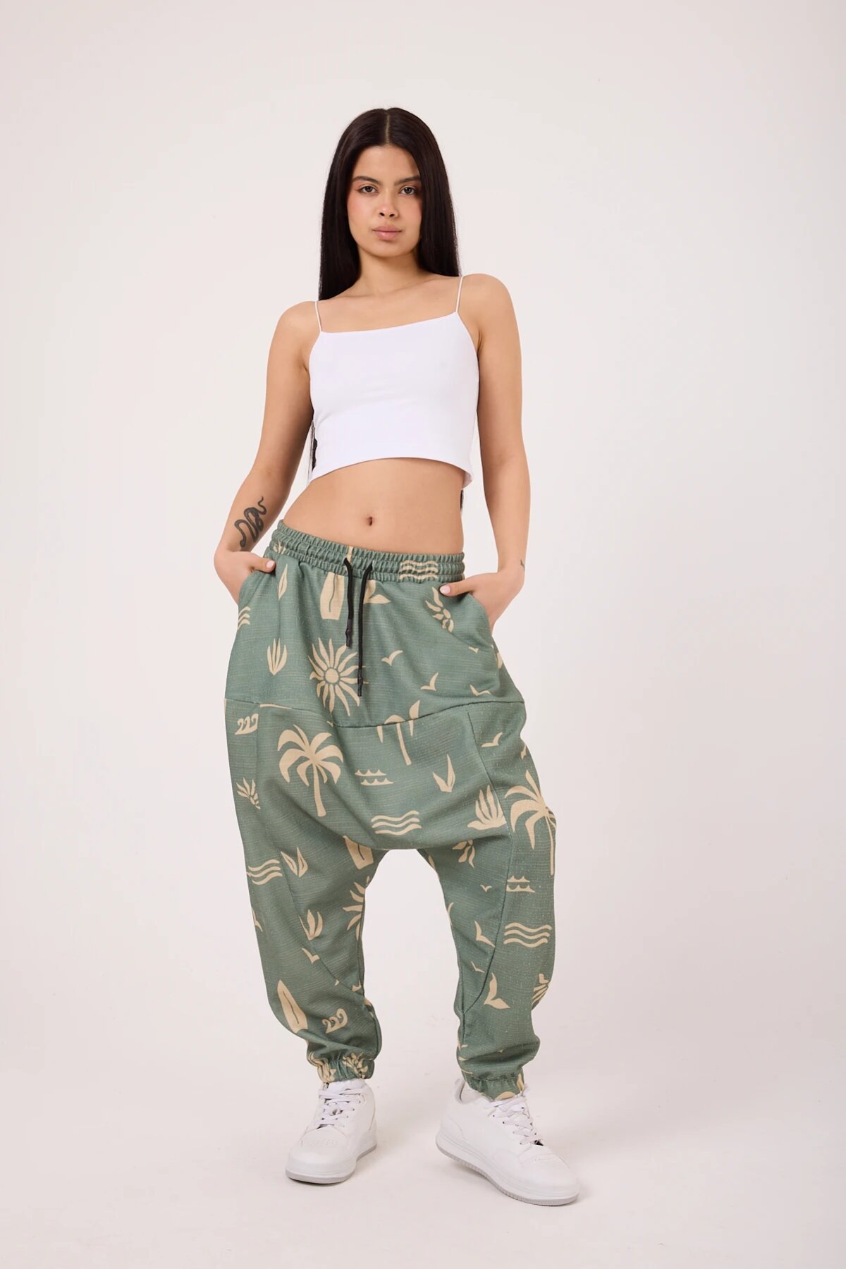 Sporty Striped Harem Pants - Green - MEXICO SUPERBLUE