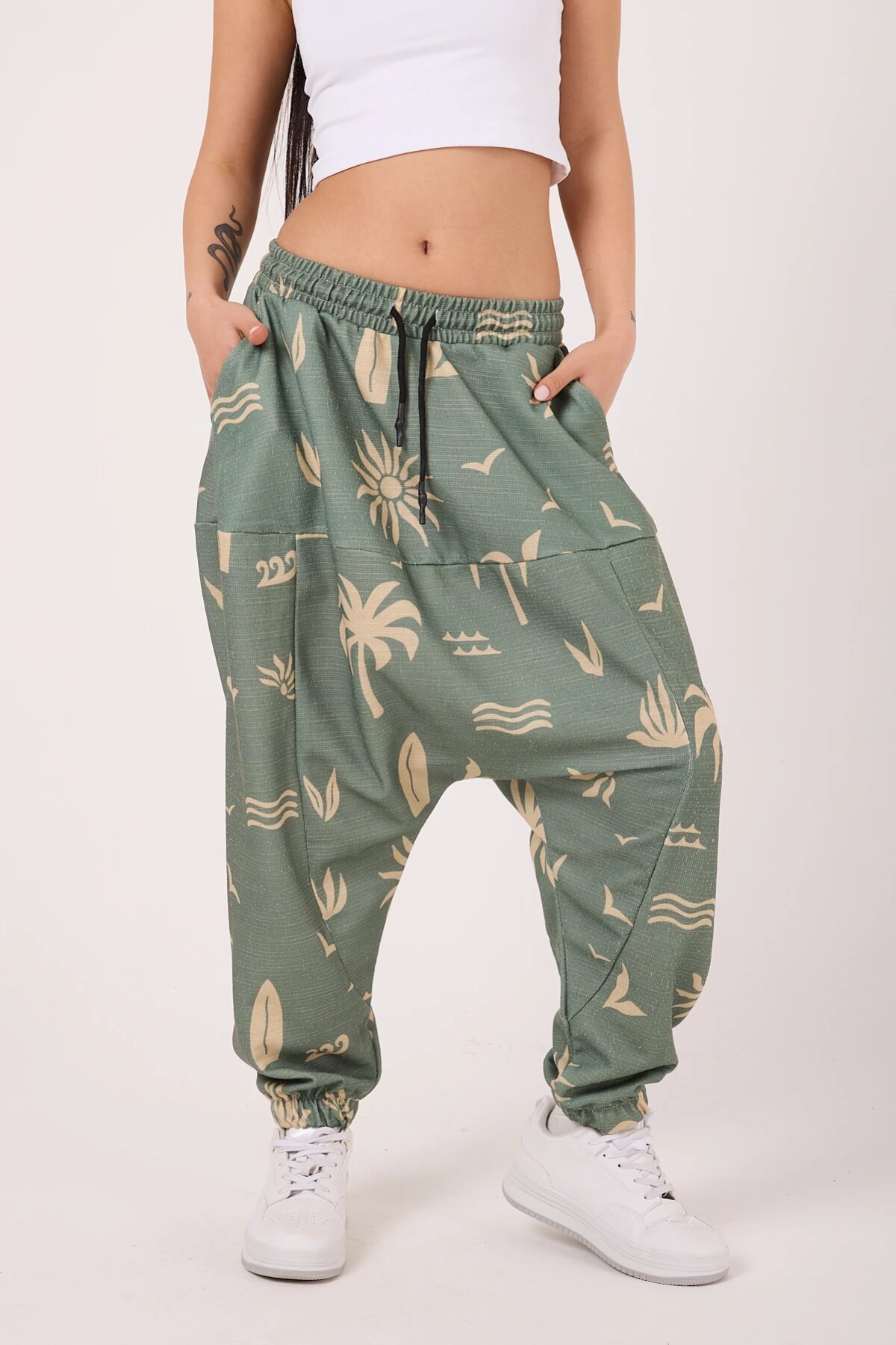 Sporty Striped Harem Pants - Green - MEXICO SUPERBLUE