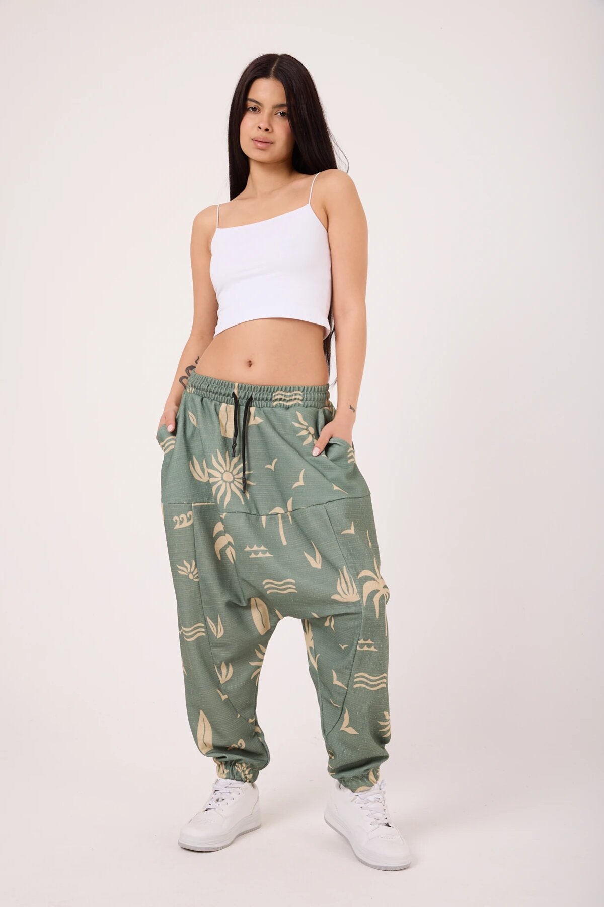 Sporty Striped Harem Pants - Green - MEXICO SUPERBLUE