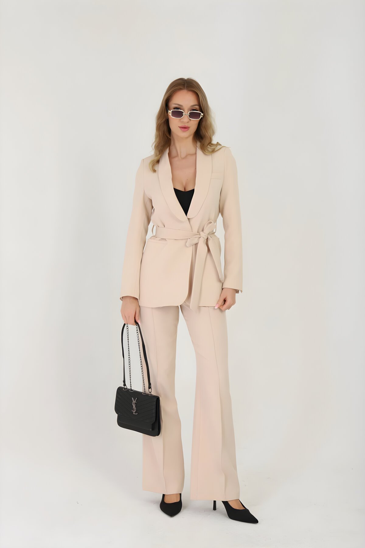 Belted Two-Piece Set - Beige - Milamia