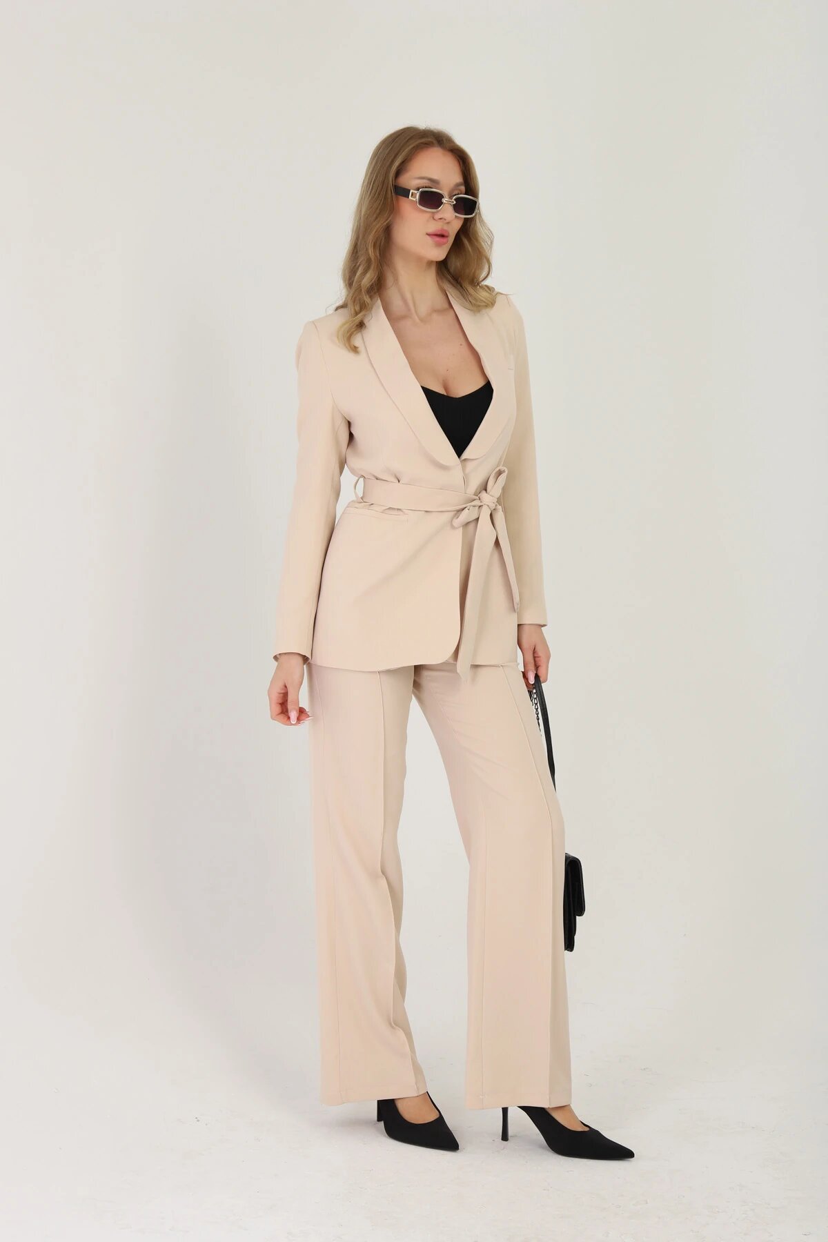 Belted Two-Piece Set - Beige - Milamia