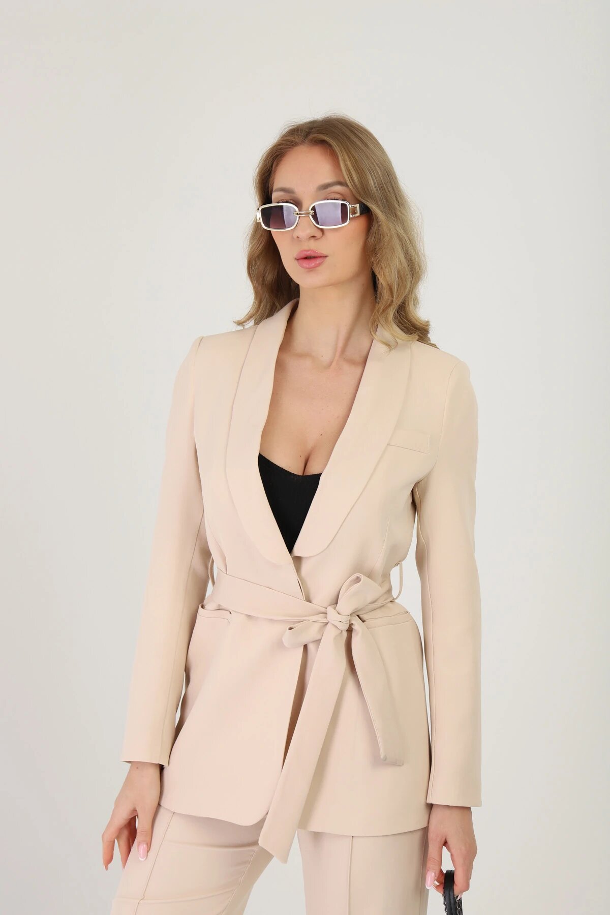 Belted Two-Piece Set - Beige - Milamia