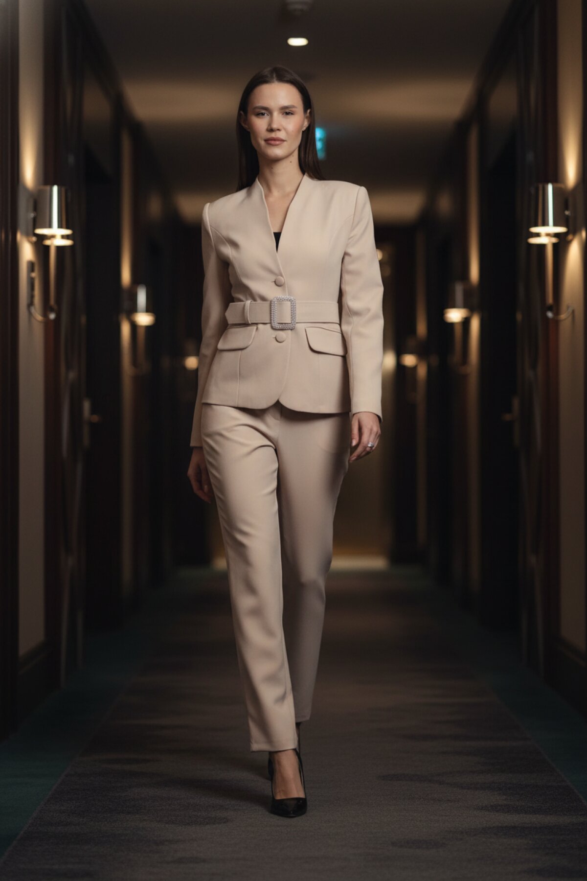 Bej Blazer Kemer Detaylı Takım - Milamia