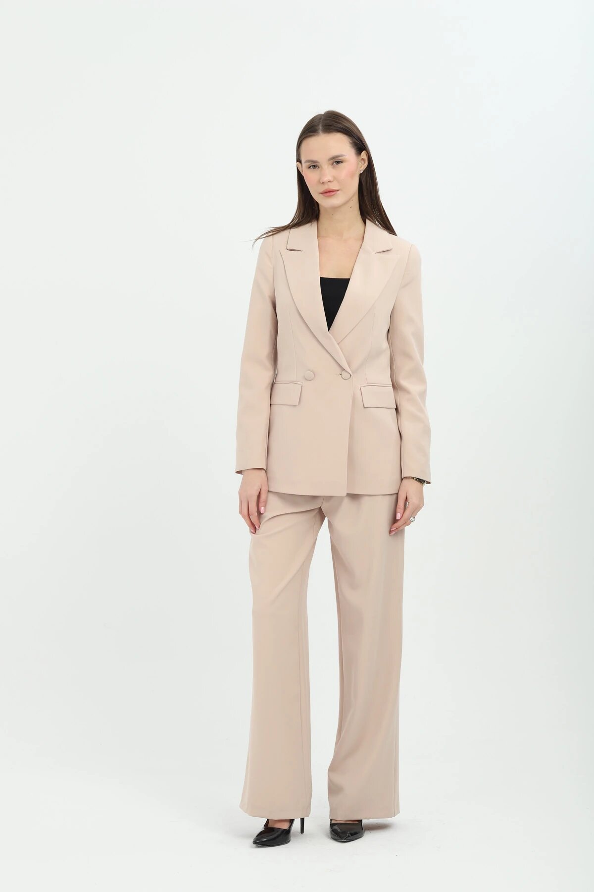 Plus Size Classic Modern Blazer Set - Beige - Milamia
