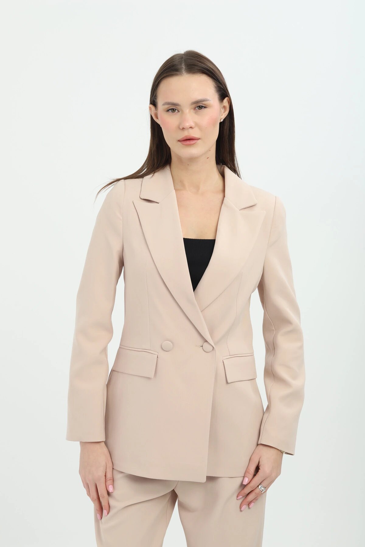 Plus Size Classic Modern Blazer Set - Beige - Milamia