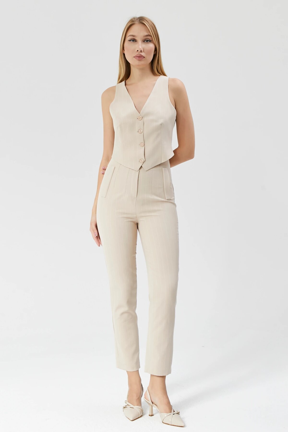 High-Waist Ankle-Length Striped Pocket Detail Pants - Beige - Milamia