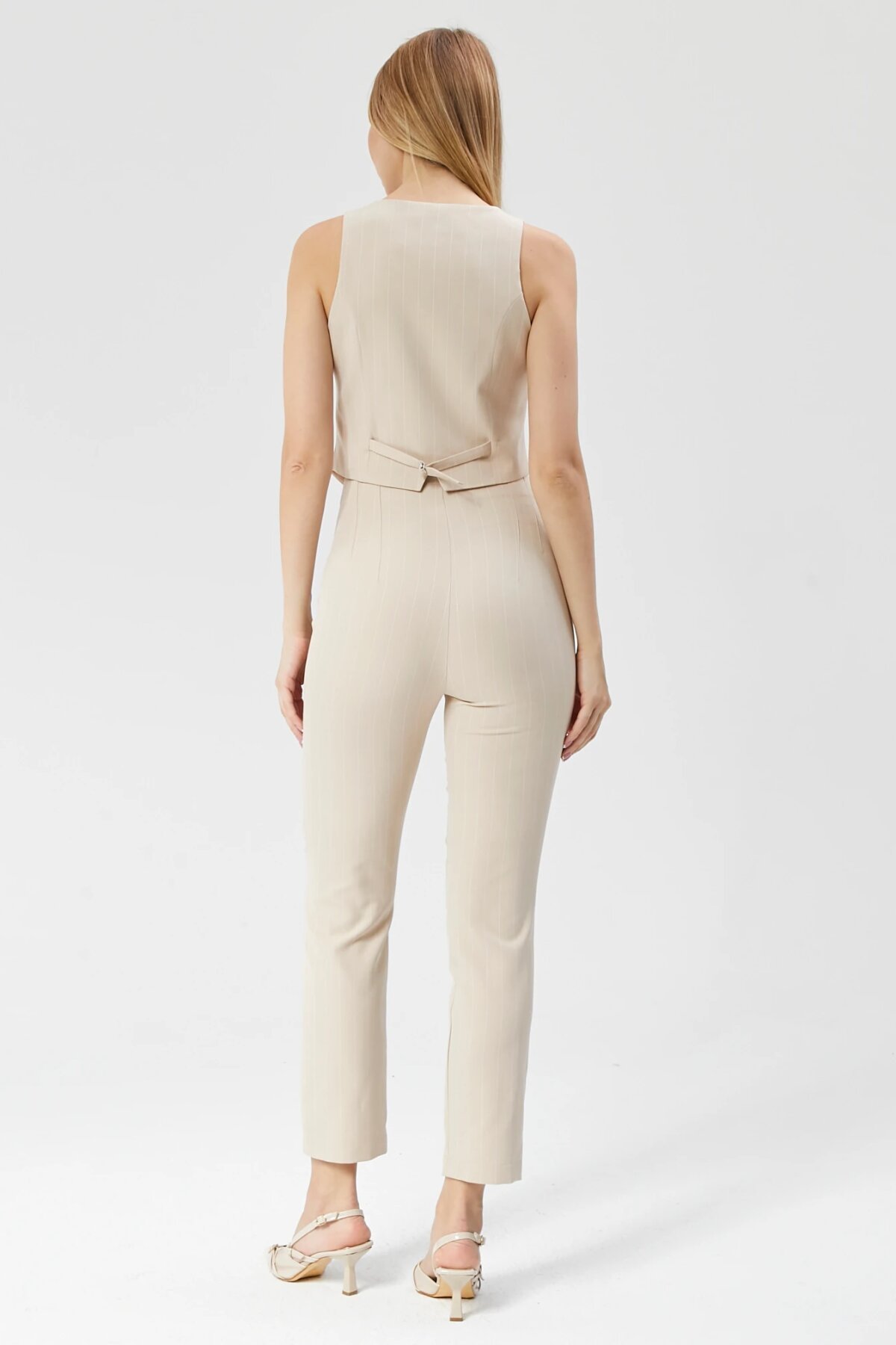 High-Waist Ankle-Length Striped Pocket Detail Pants - Beige - Milamia