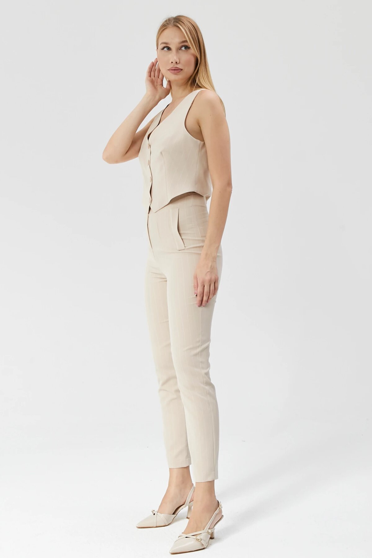 High-Waist Ankle-Length Striped Pocket Detail Pants - Beige - Milamia
