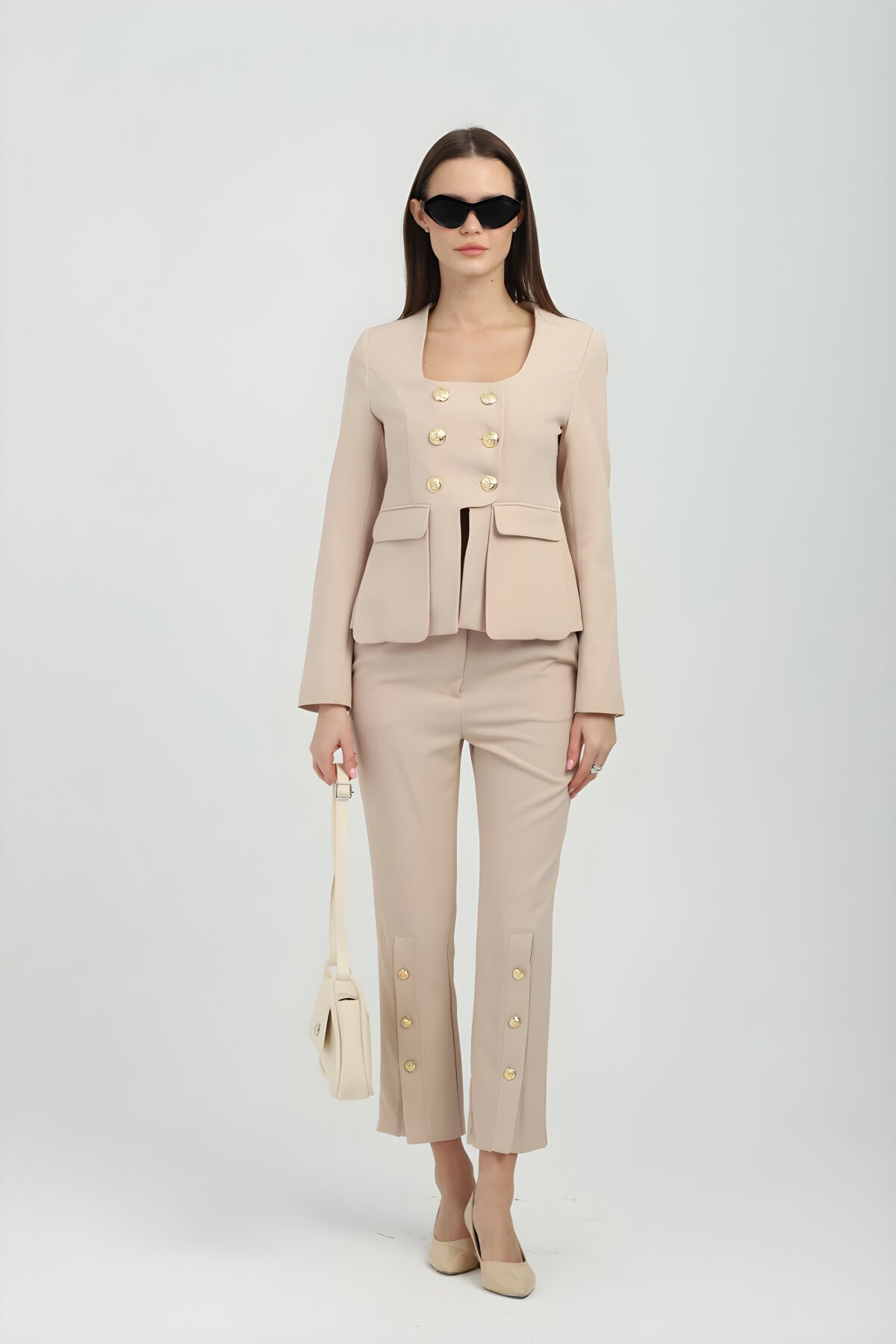 Gold-Buttoned Two-Piece Set - Beige - Milamia
