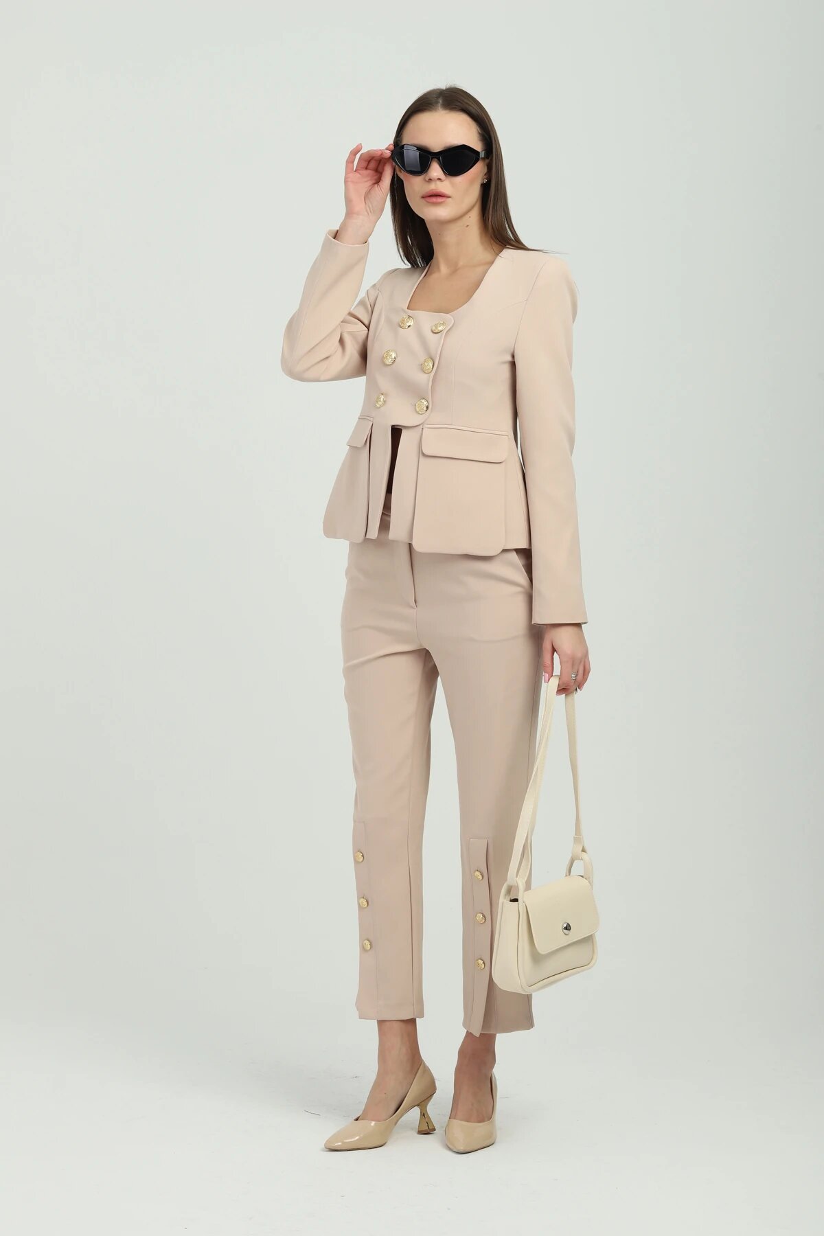 Gold-Buttoned Two-Piece Set - Beige - Milamia
