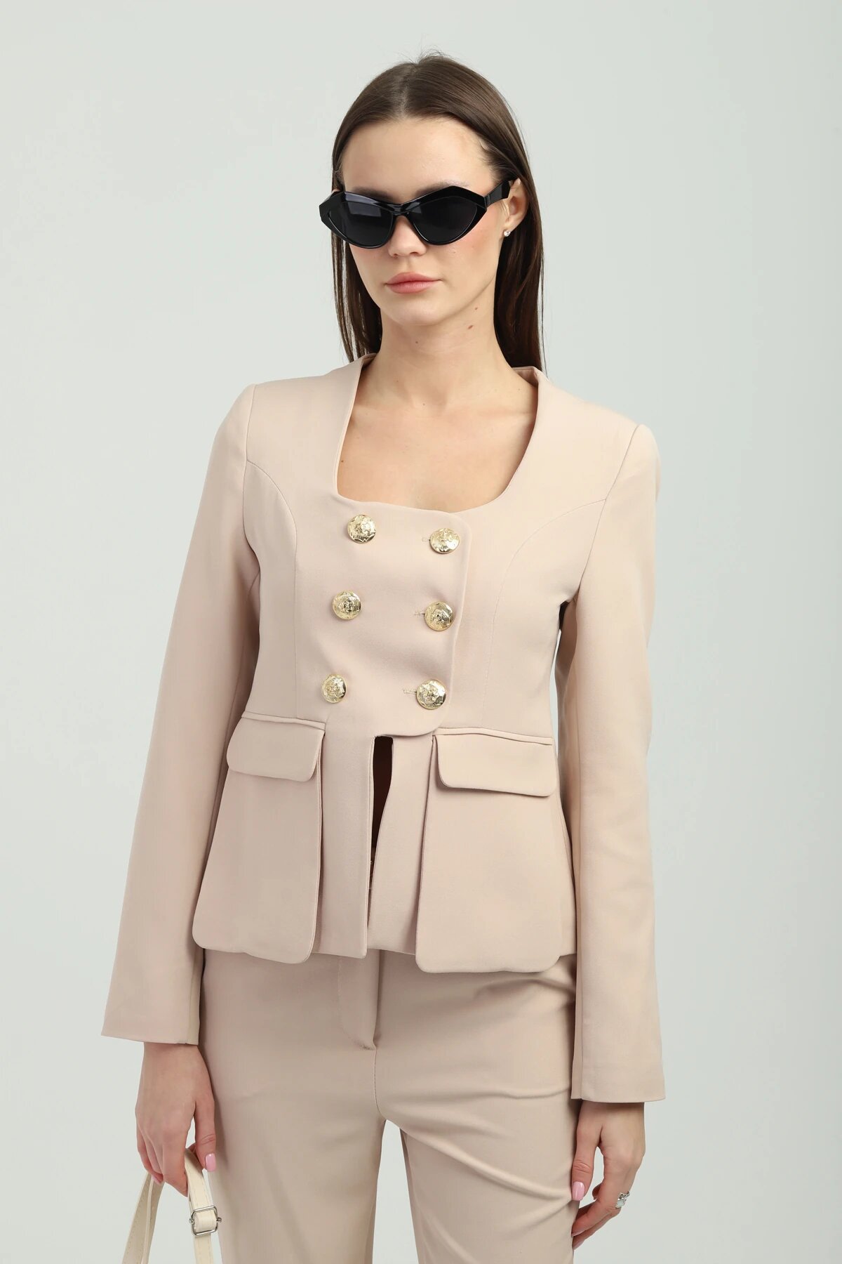 Gold-Buttoned Two-Piece Set - Beige - Milamia