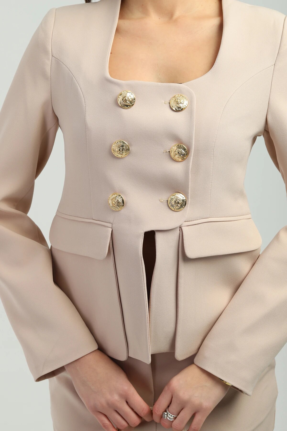 Gold-Buttoned Two-Piece Set - Beige - Milamia