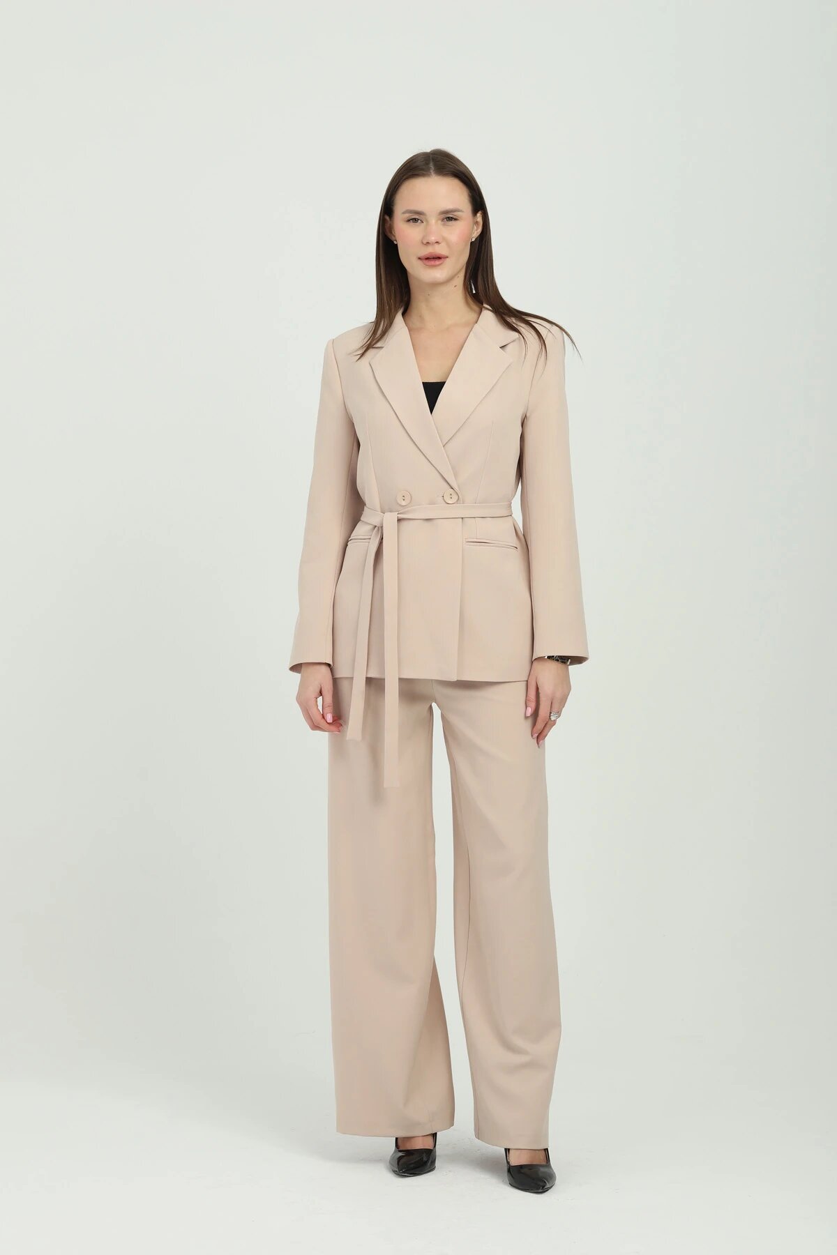 Double Breasted Waist-Tie Two-Piece Set - Beige - Milamia