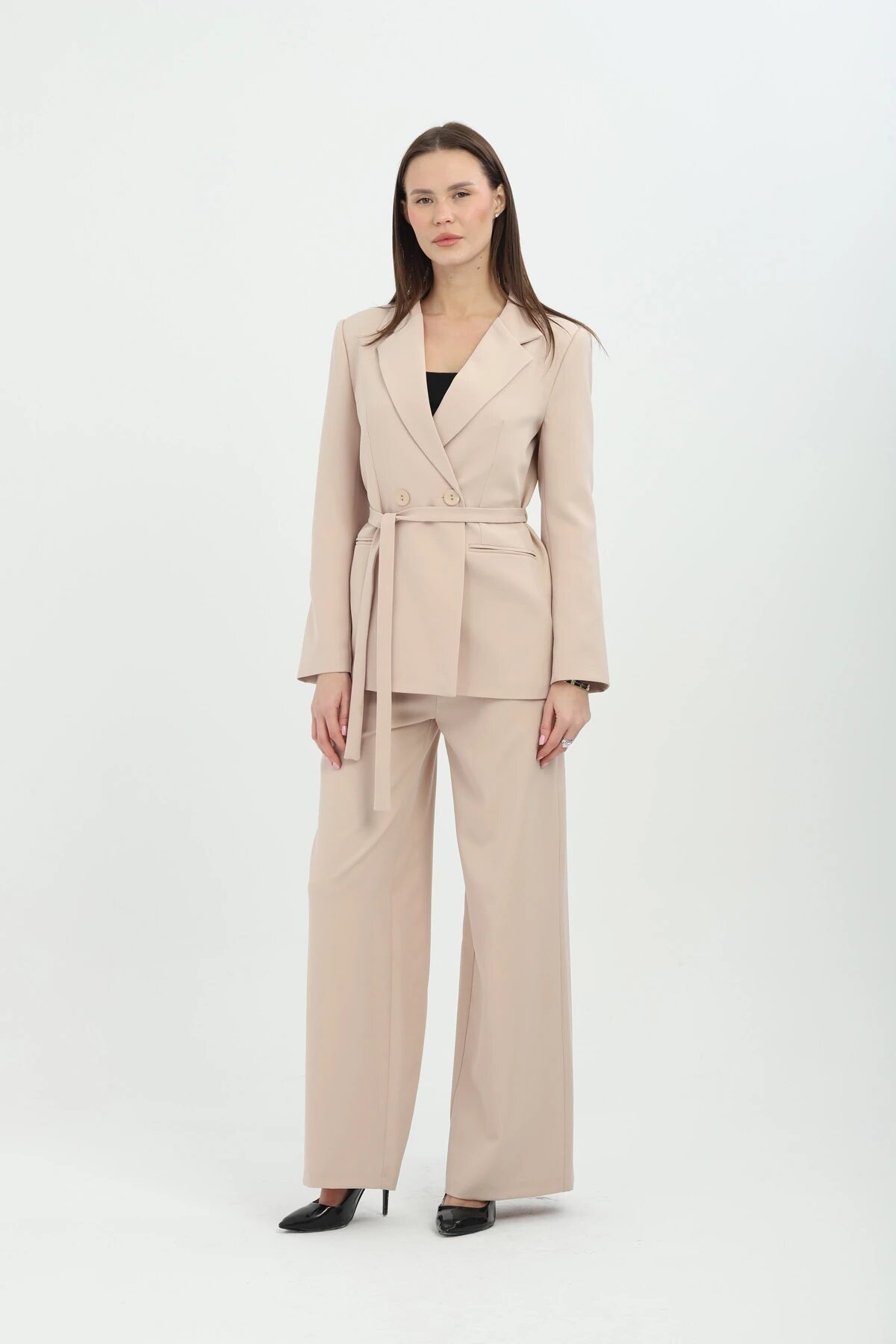 Double Breasted Waist-Tie Two-Piece Set - Beige - Milamia