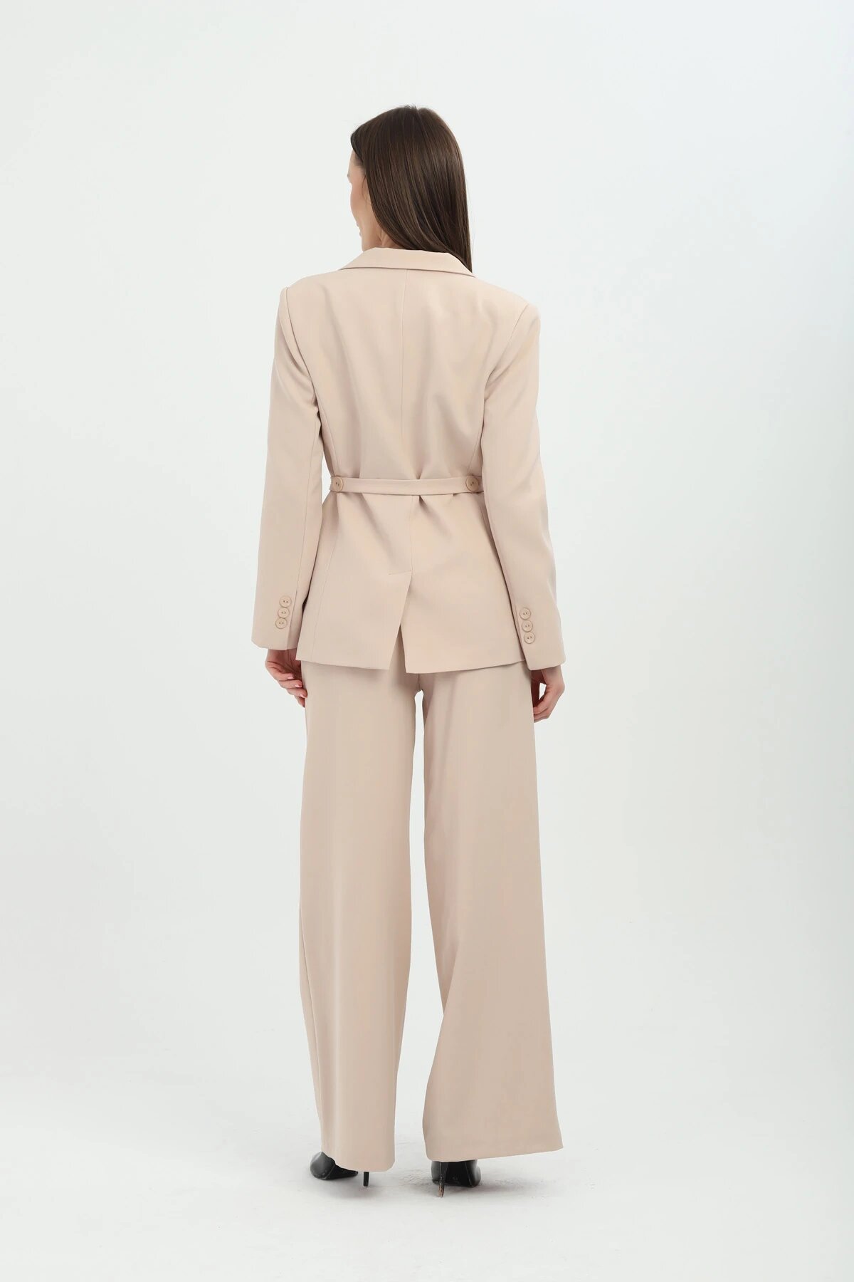 Double Breasted Waist-Tie Two-Piece Set - Beige - Milamia