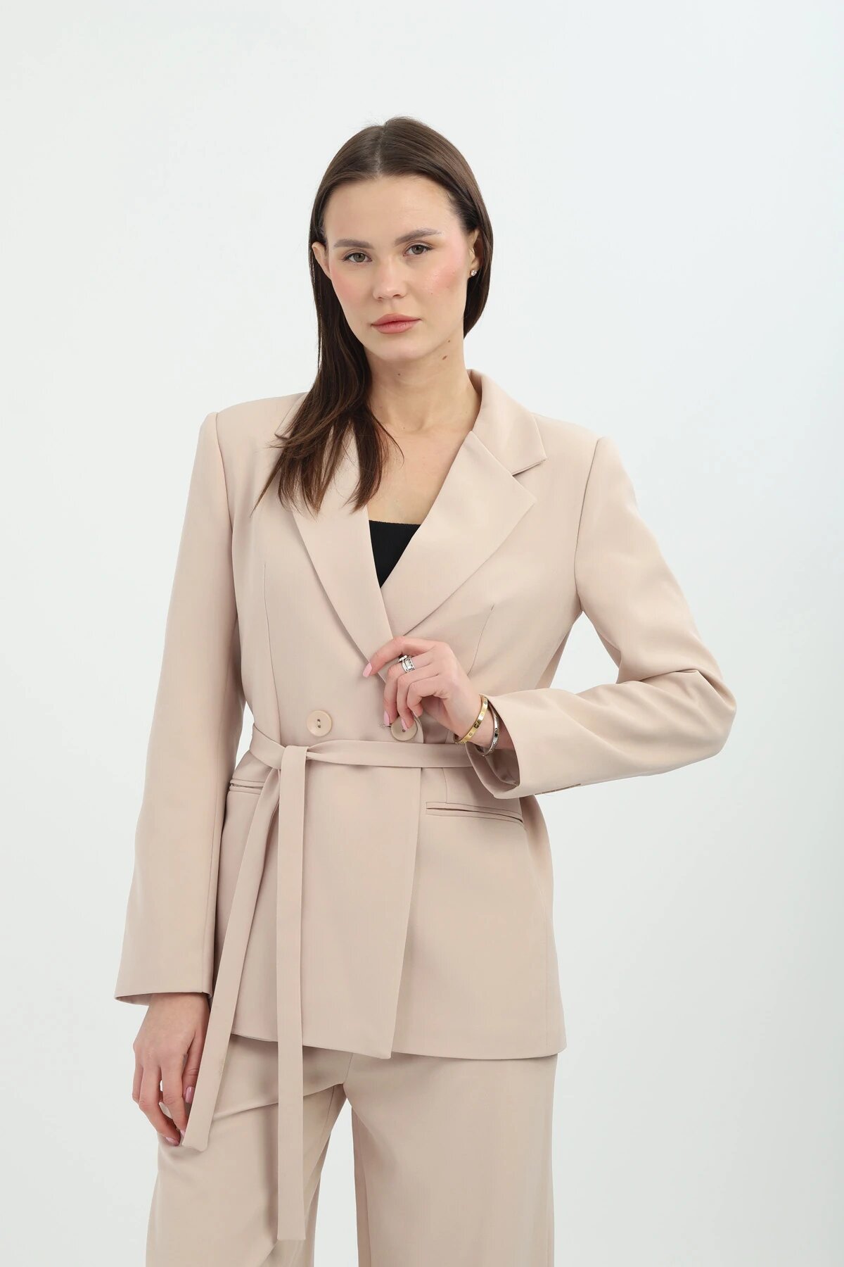 Double Breasted Waist-Tie Two-Piece Set - Beige - Milamia