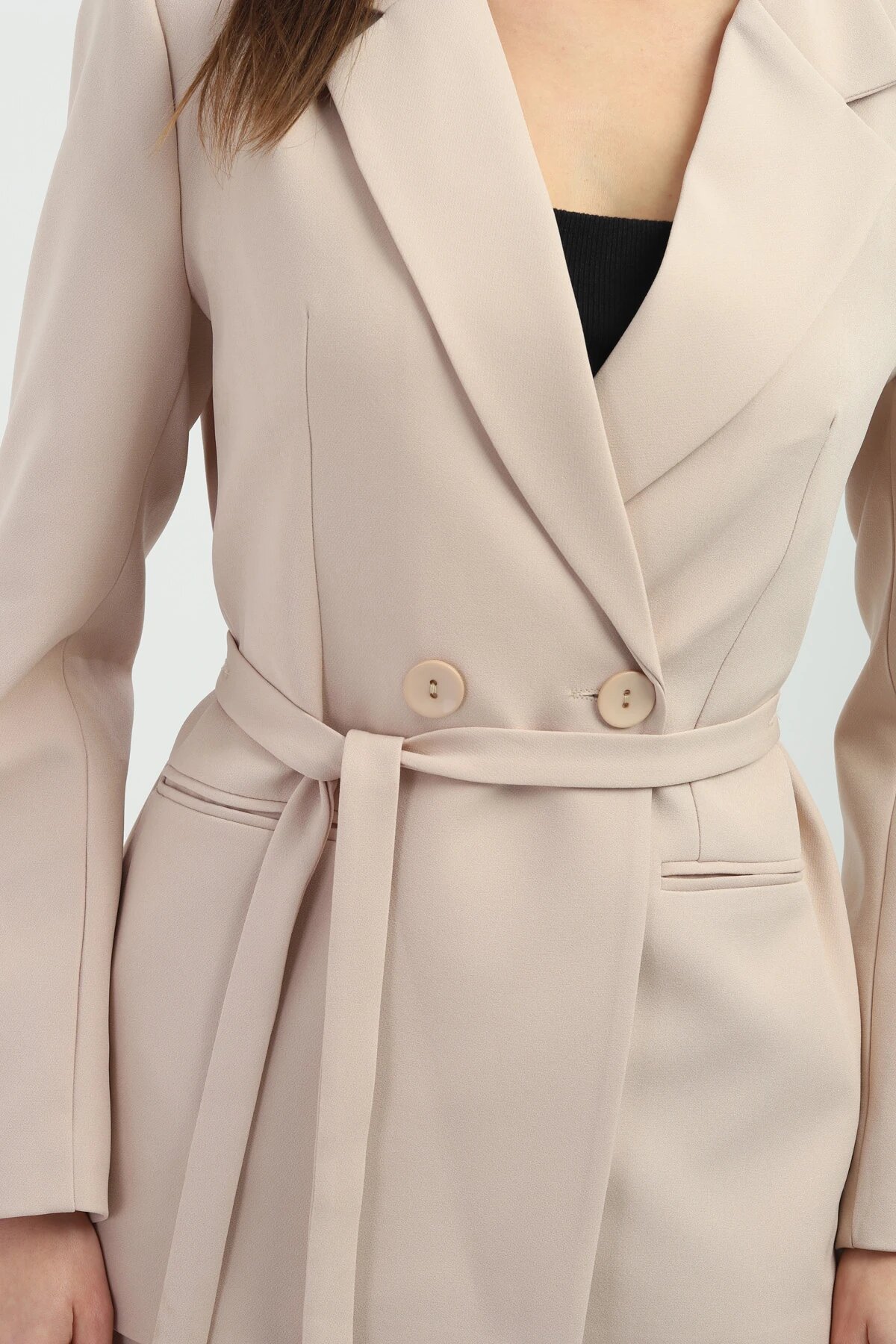 Double Breasted Waist-Tie Two-Piece Set - Beige - Milamia