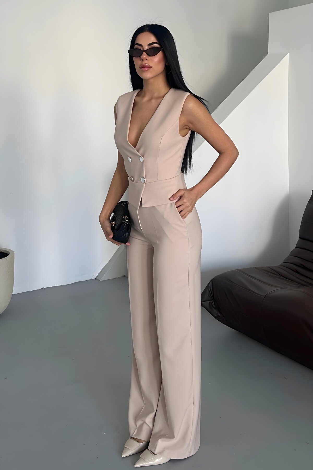 Belted Button-Detail Jumpsuit - Beige - Milamia