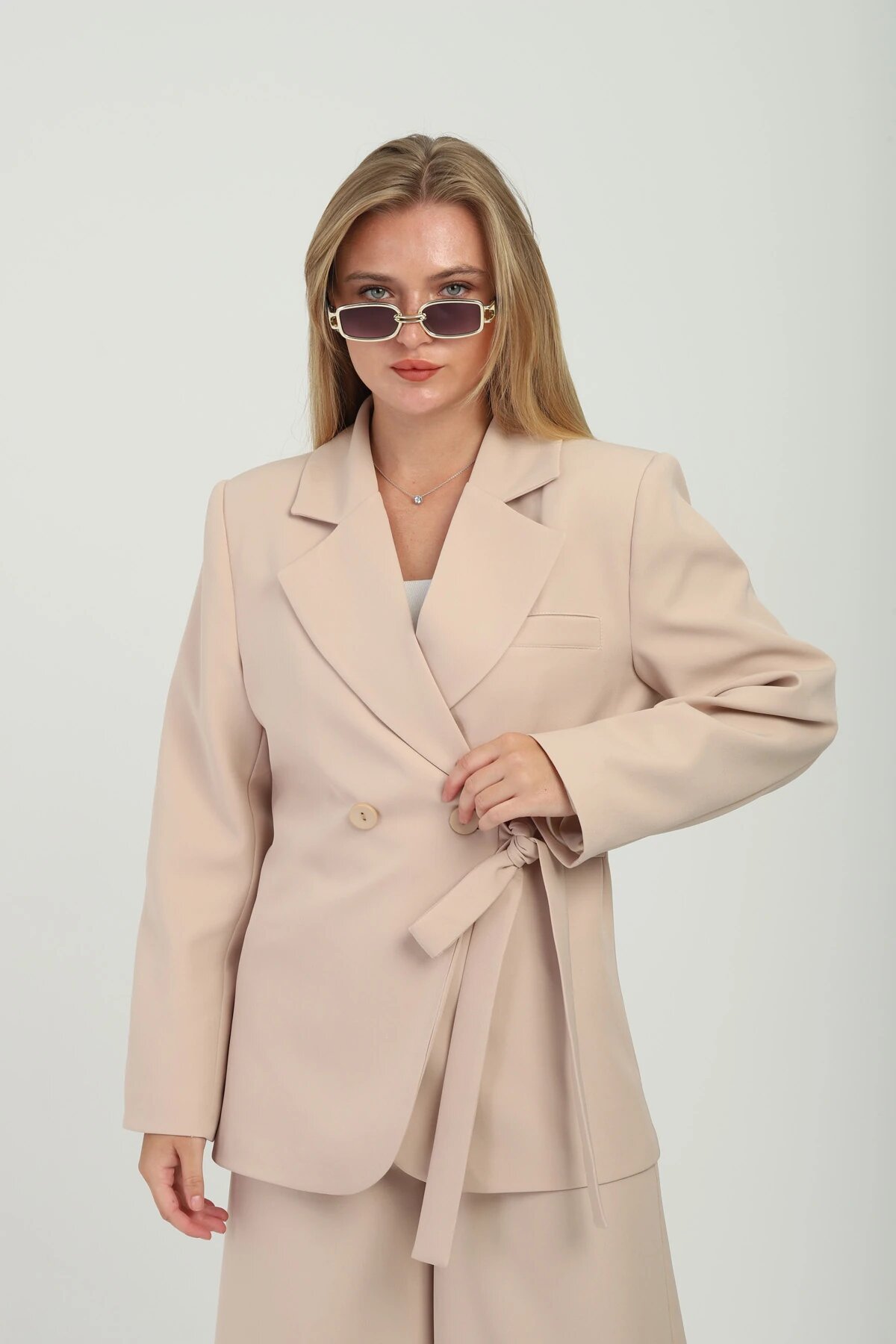 Oversized Double-breasted Tie-detail Jacket - Beige - Milamia