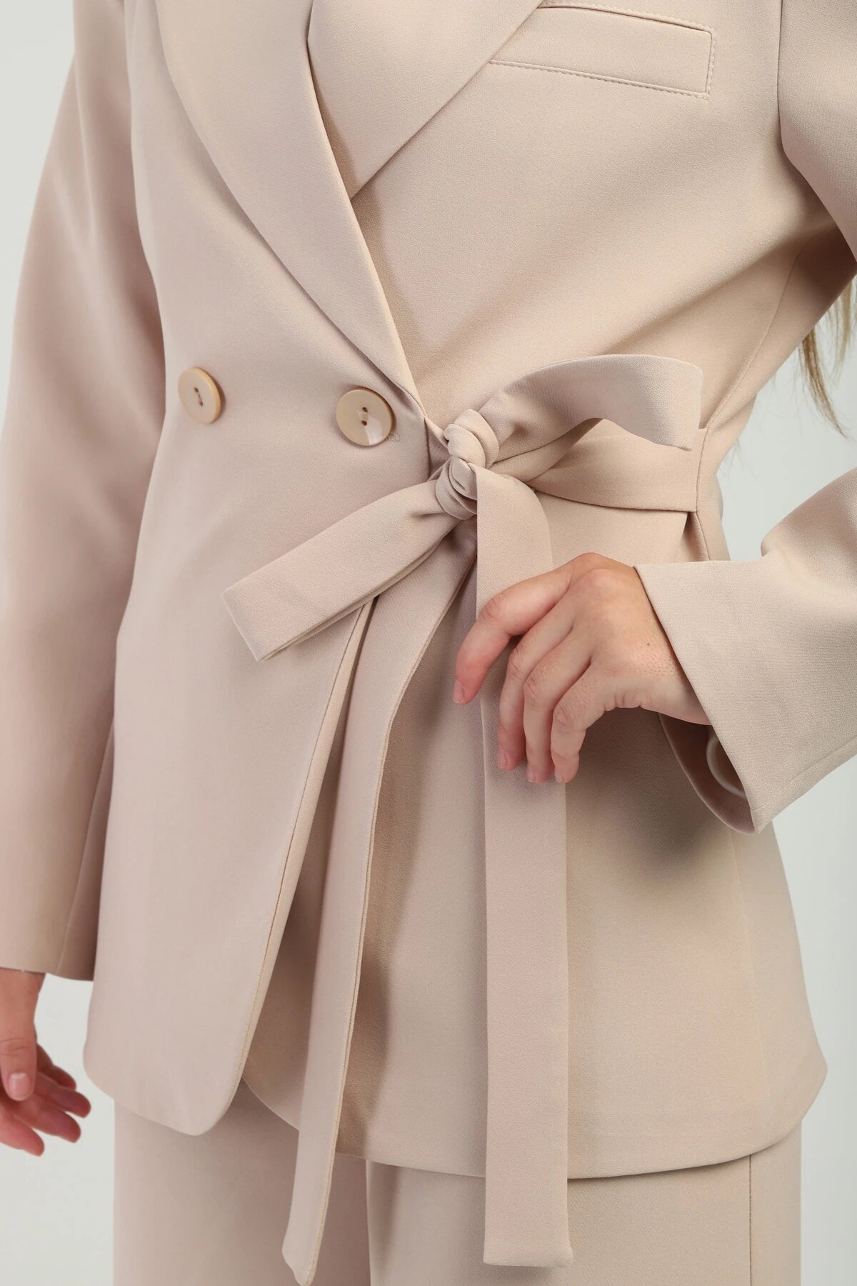 Oversized Double-breasted Tie-detail Jacket - Beige - Milamia