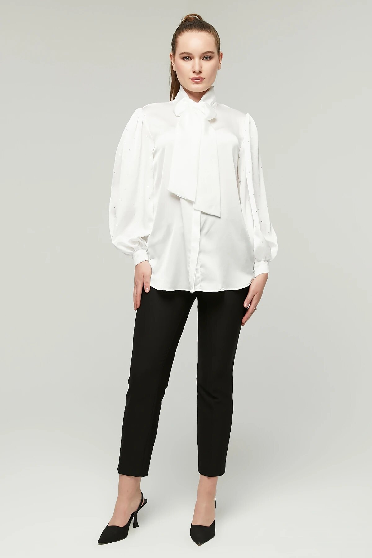Balloon Sleeve Stone Bow Satin Shirt - White - Milamia