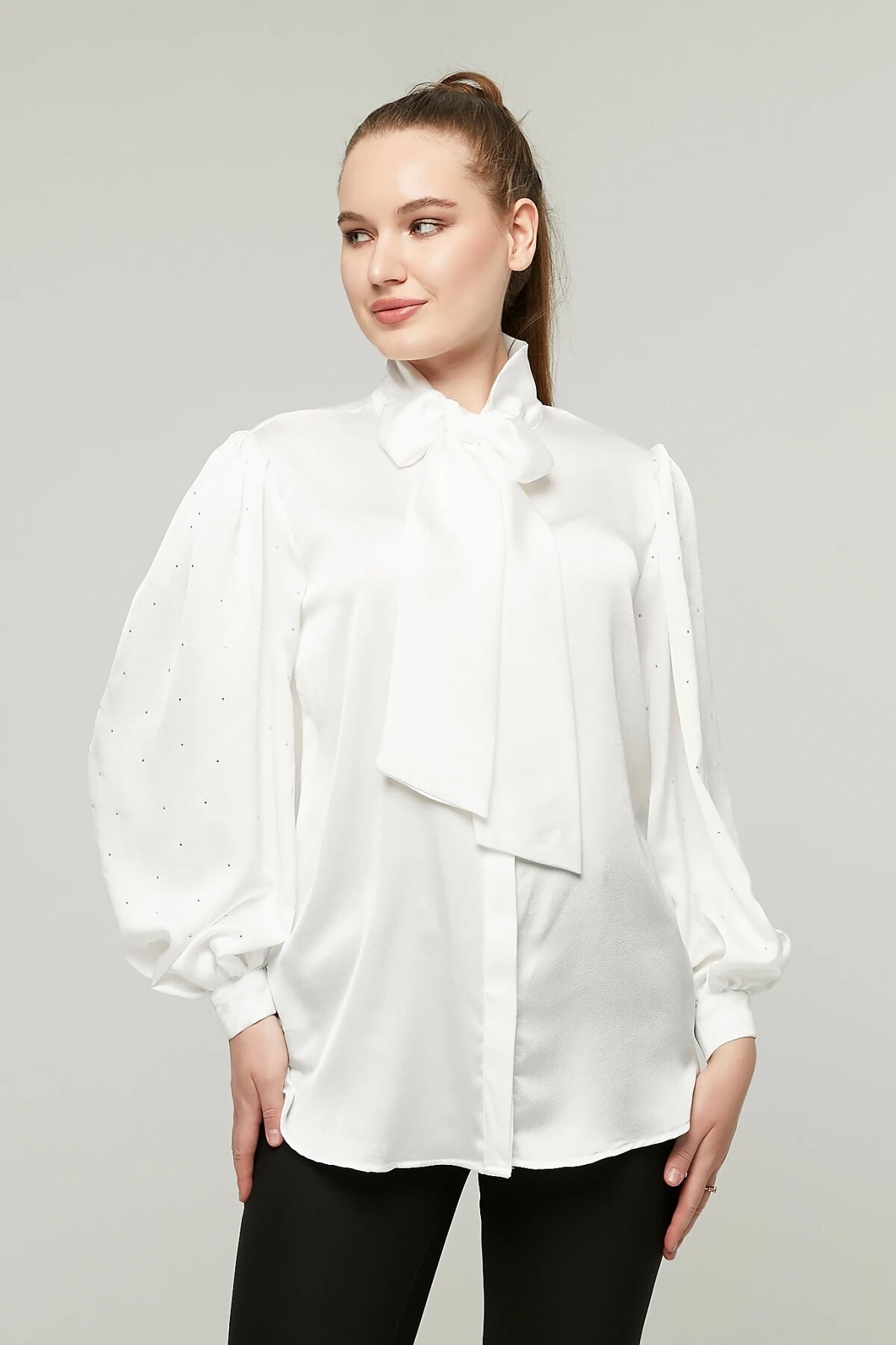 Balloon Sleeve Stone Bow Satin Shirt - White - Milamia