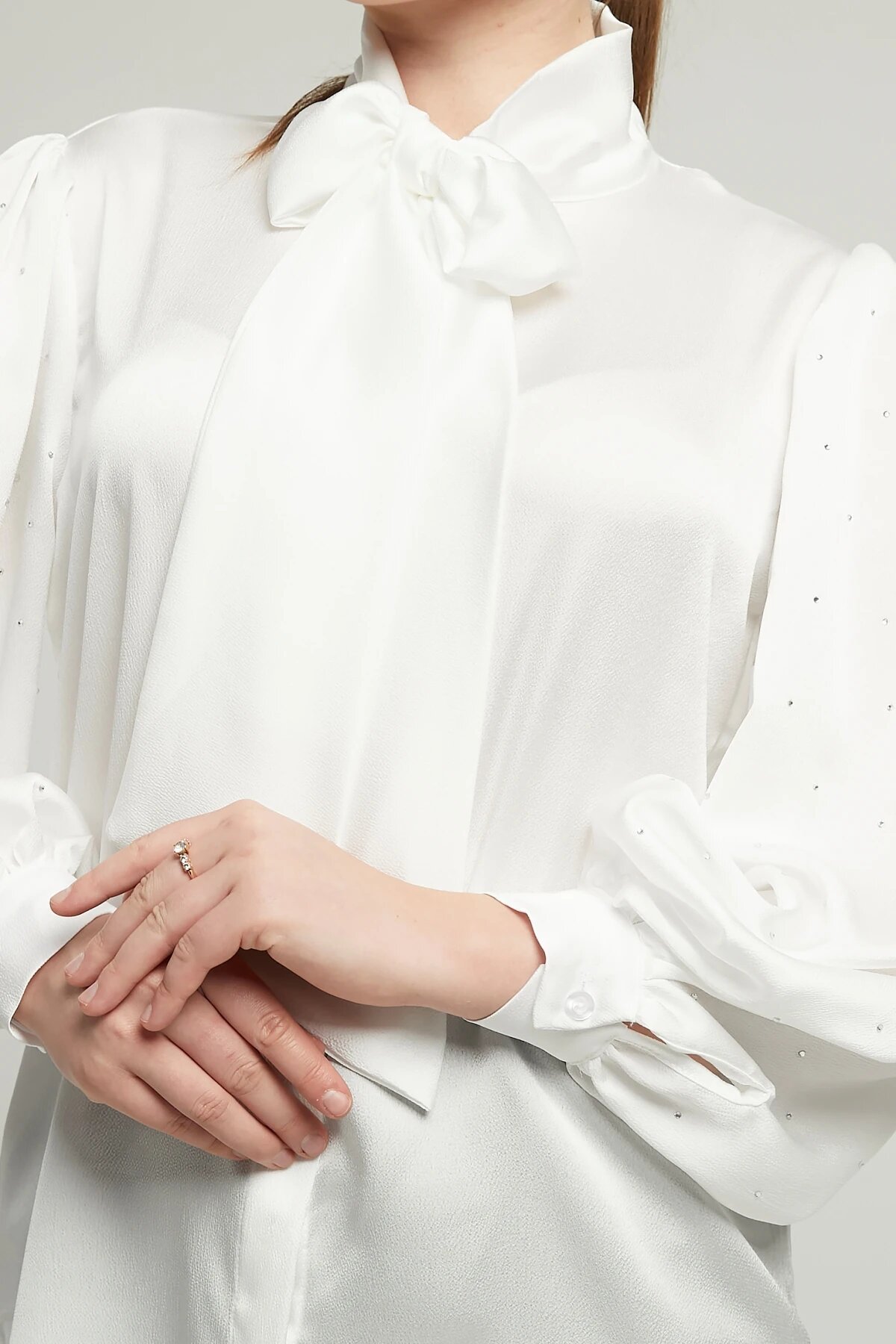 Balloon Sleeve Stone Bow Satin Shirt - White - Milamia