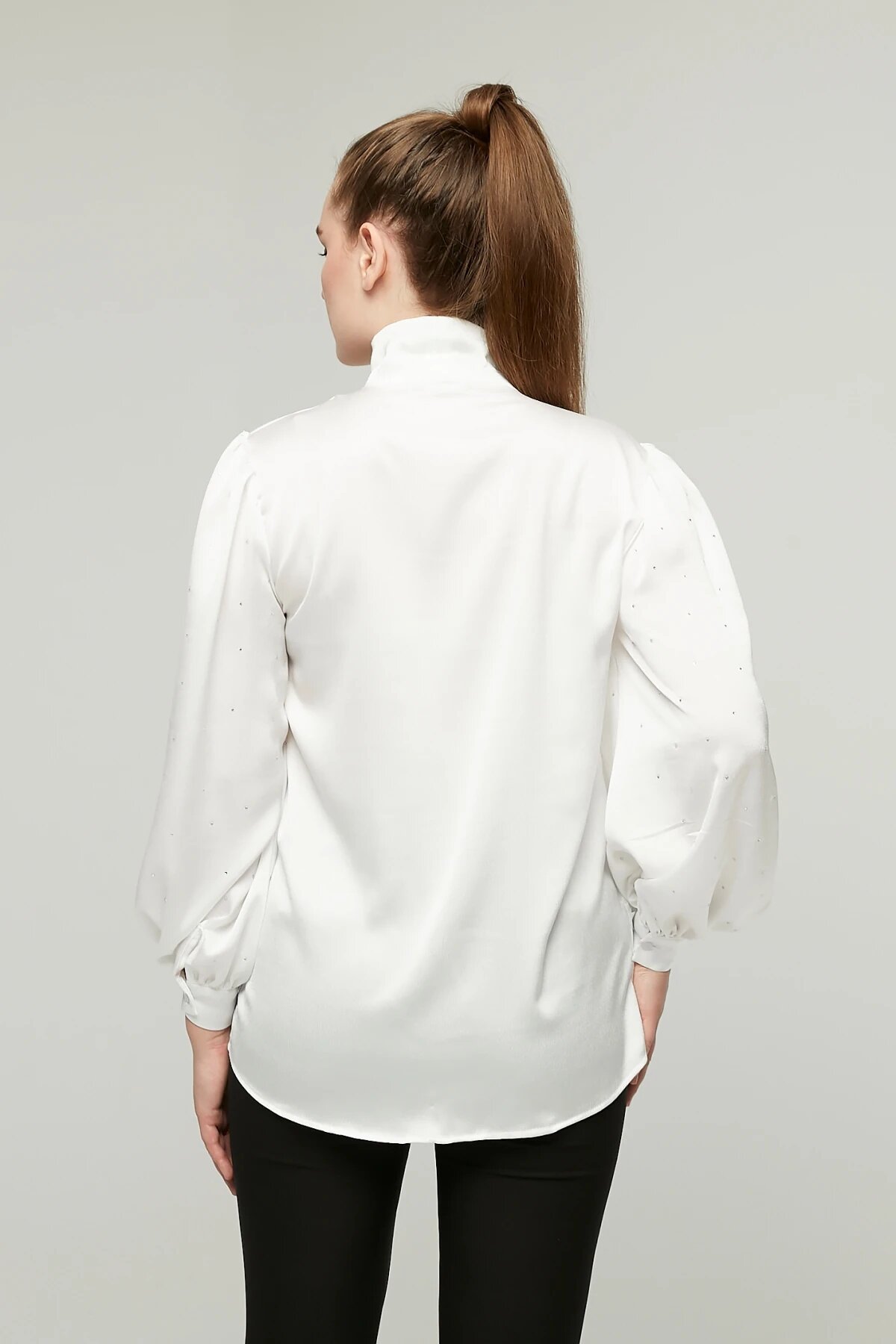 Balloon Sleeve Stone Bow Satin Shirt - White - Milamia
