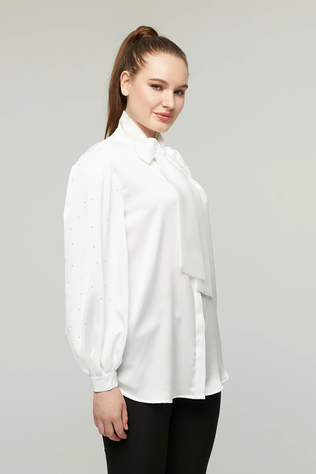 Balloon Sleeve Stone Bow Satin Shirt - White - Milamia