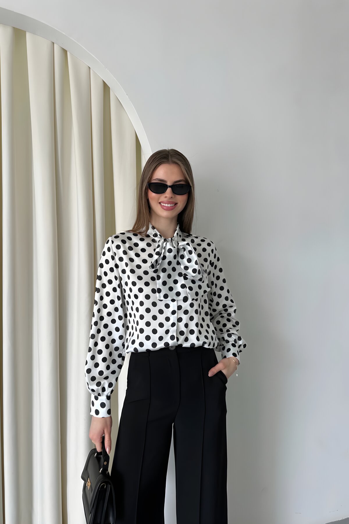 Digital Printed Satin Bow-Detail Shirt - White - Milamia