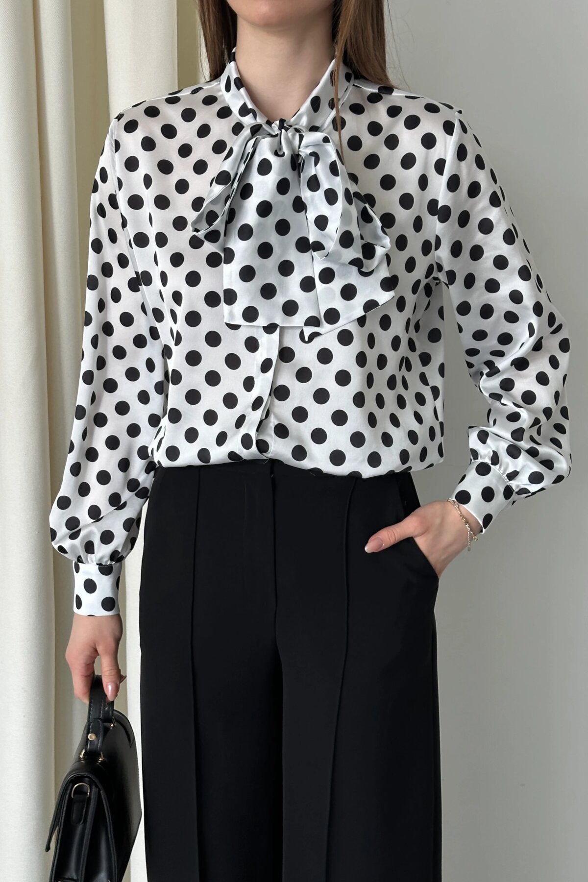 Digital Printed Satin Bow-Detail Shirt - White - Milamia