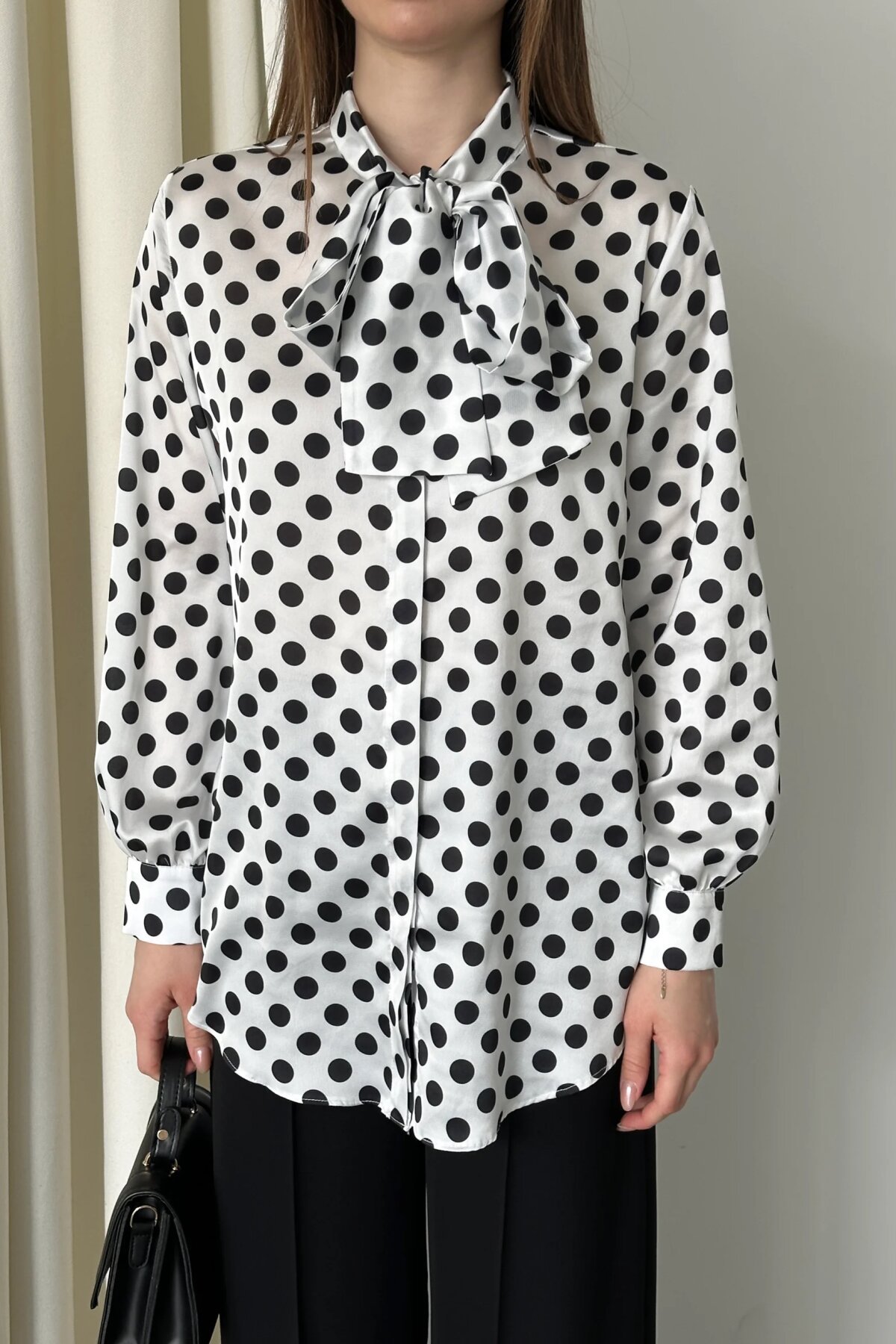 Digital Printed Satin Bow-Detail Shirt - White - Milamia