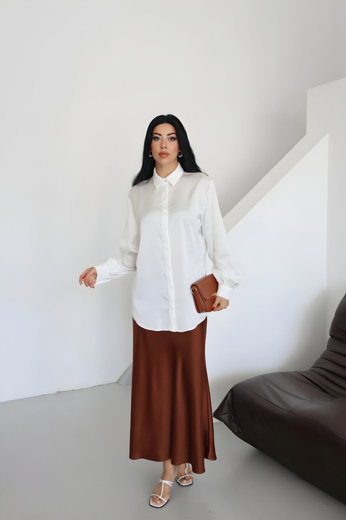 قميص كلاسيكي أبيض سادة بياقة ساتان - Milamia