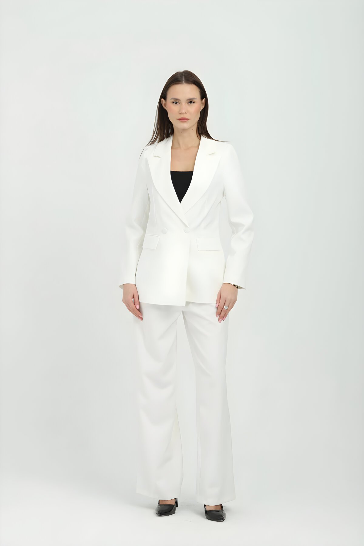 Classic Modern Double-breasted Two-piece Set - White - Milamia