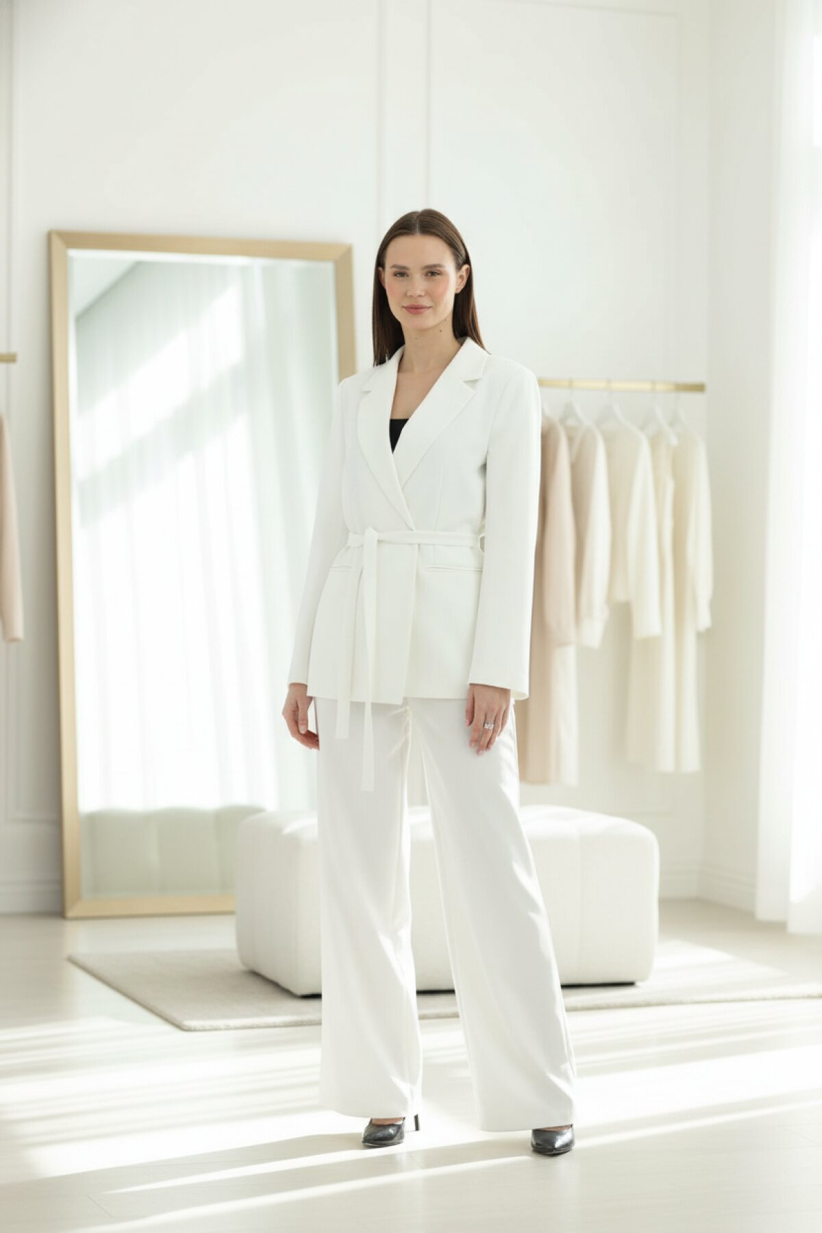 Beyaz Kruvaze Bel Bağlamalı İkili Takım - Milamia