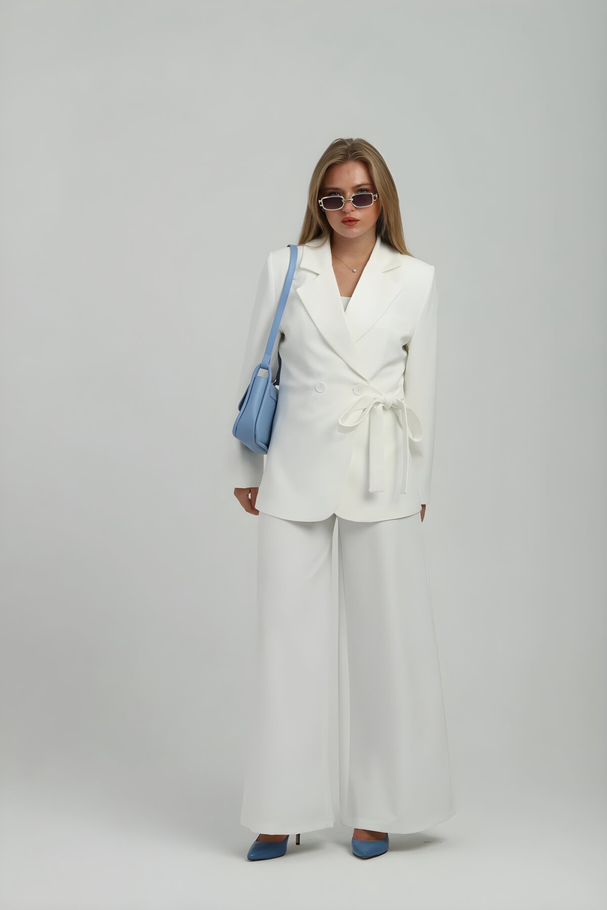 Double-Breasted Side-Tie Two-Piece Set - White - Milamia