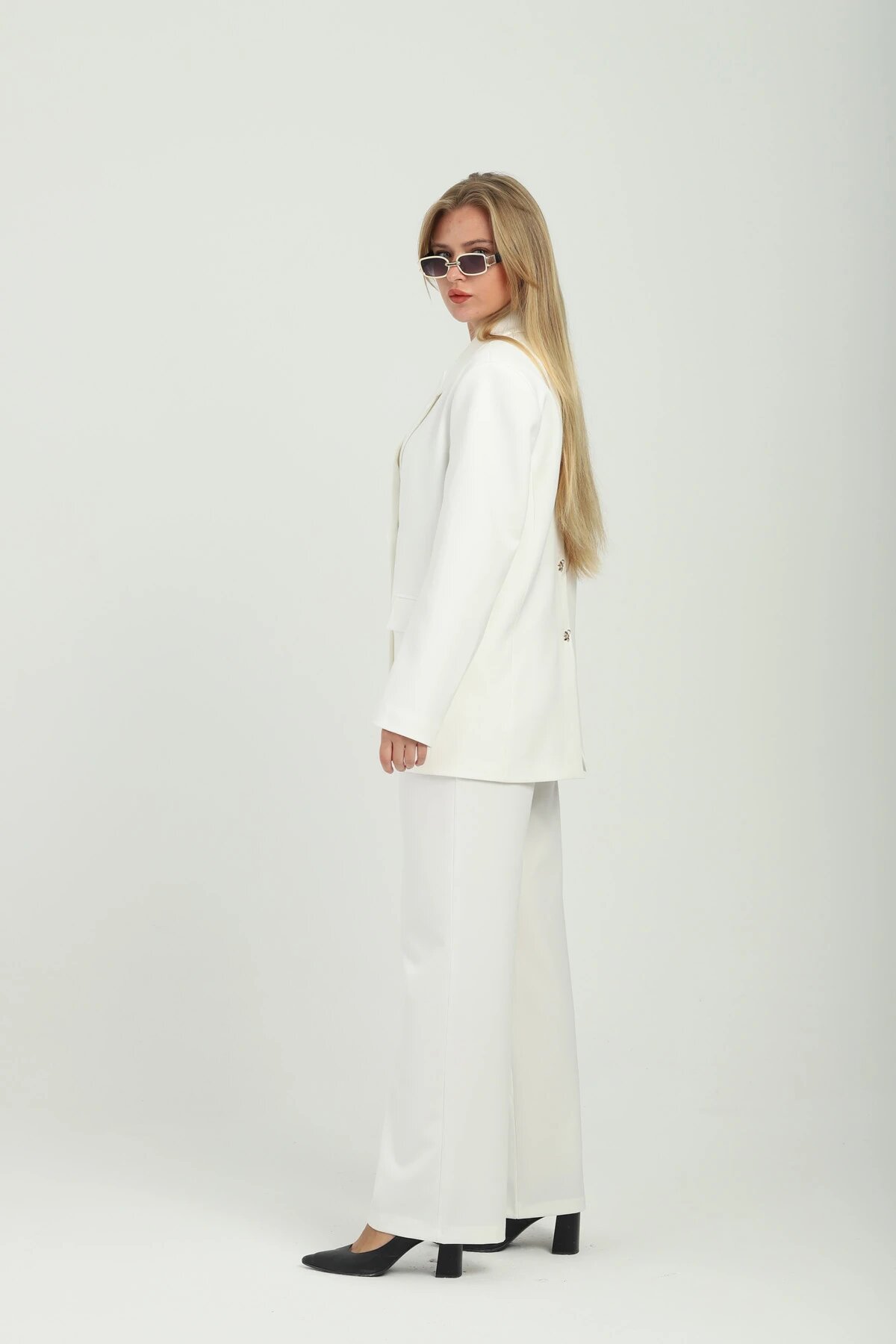 Double Breasted Button Detail Suit - White - Milamia